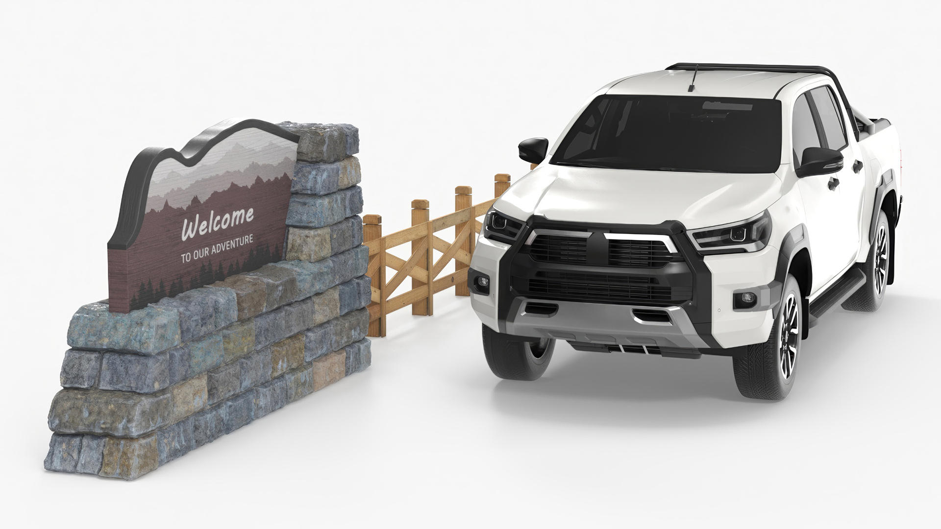 Stone Gateway Monument and Pickup Truck 3D model