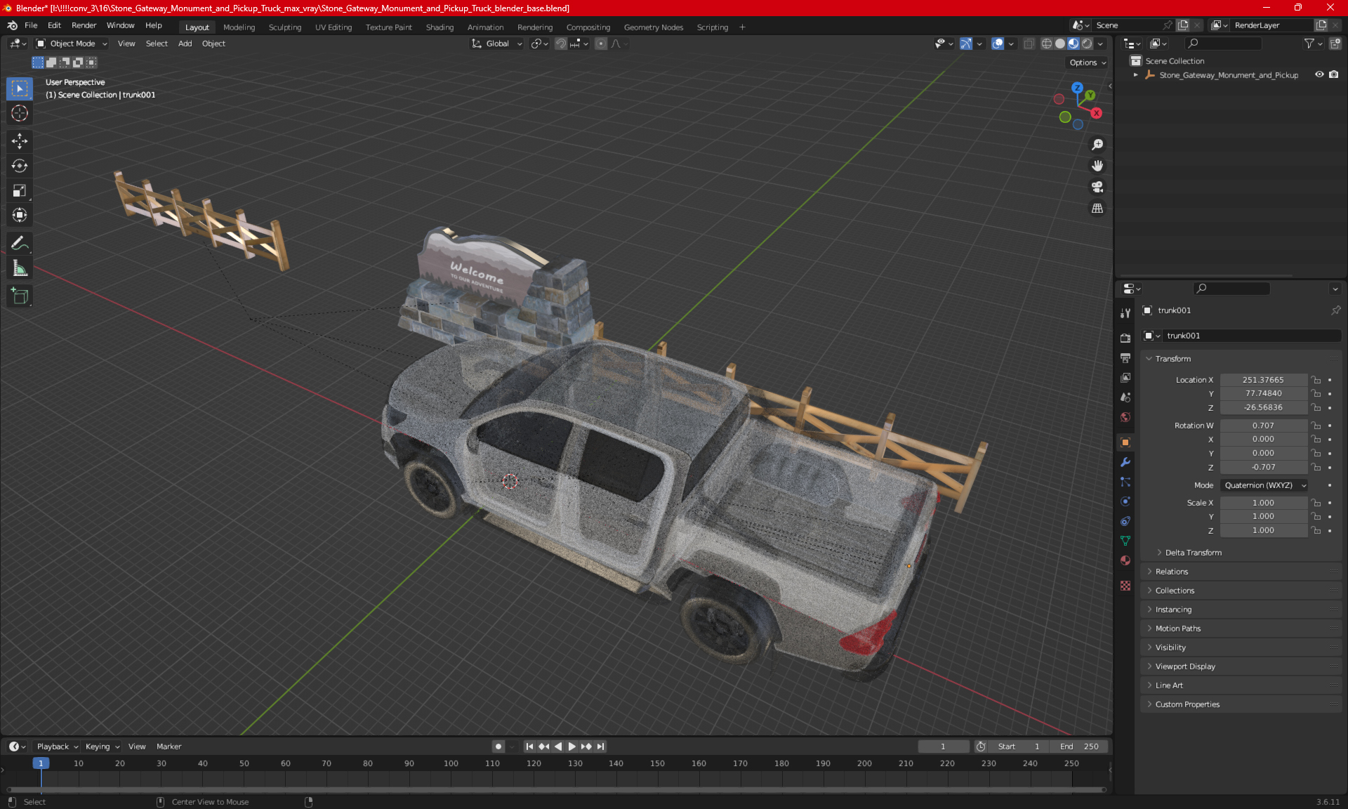 Stone Gateway Monument and Pickup Truck 3D model