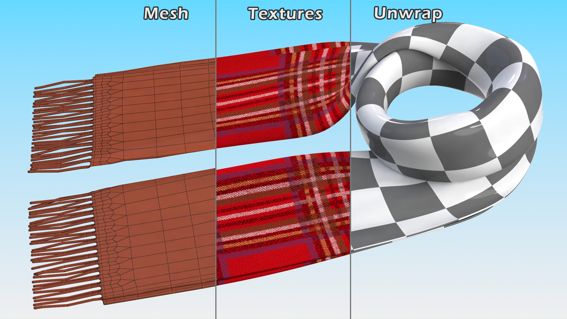3D model Rolled Red Classic Plaid Scarf