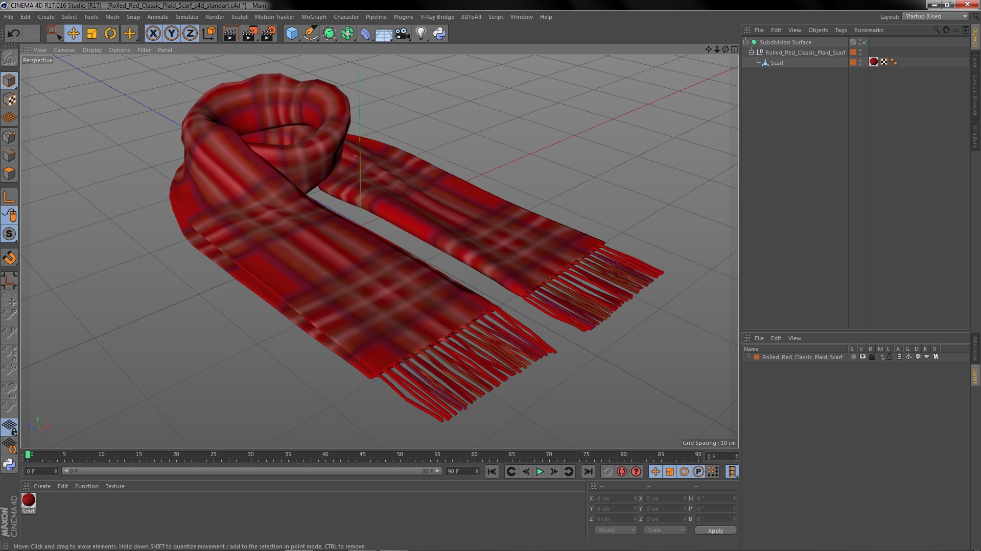 3D model Rolled Red Classic Plaid Scarf