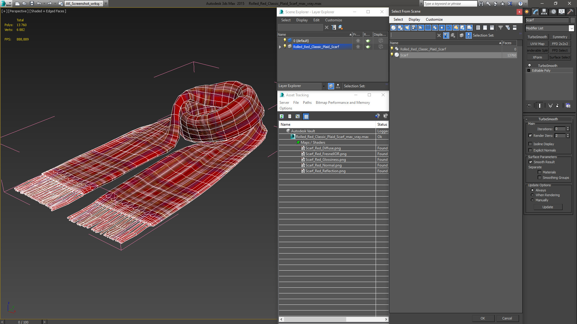 3D model Rolled Red Classic Plaid Scarf