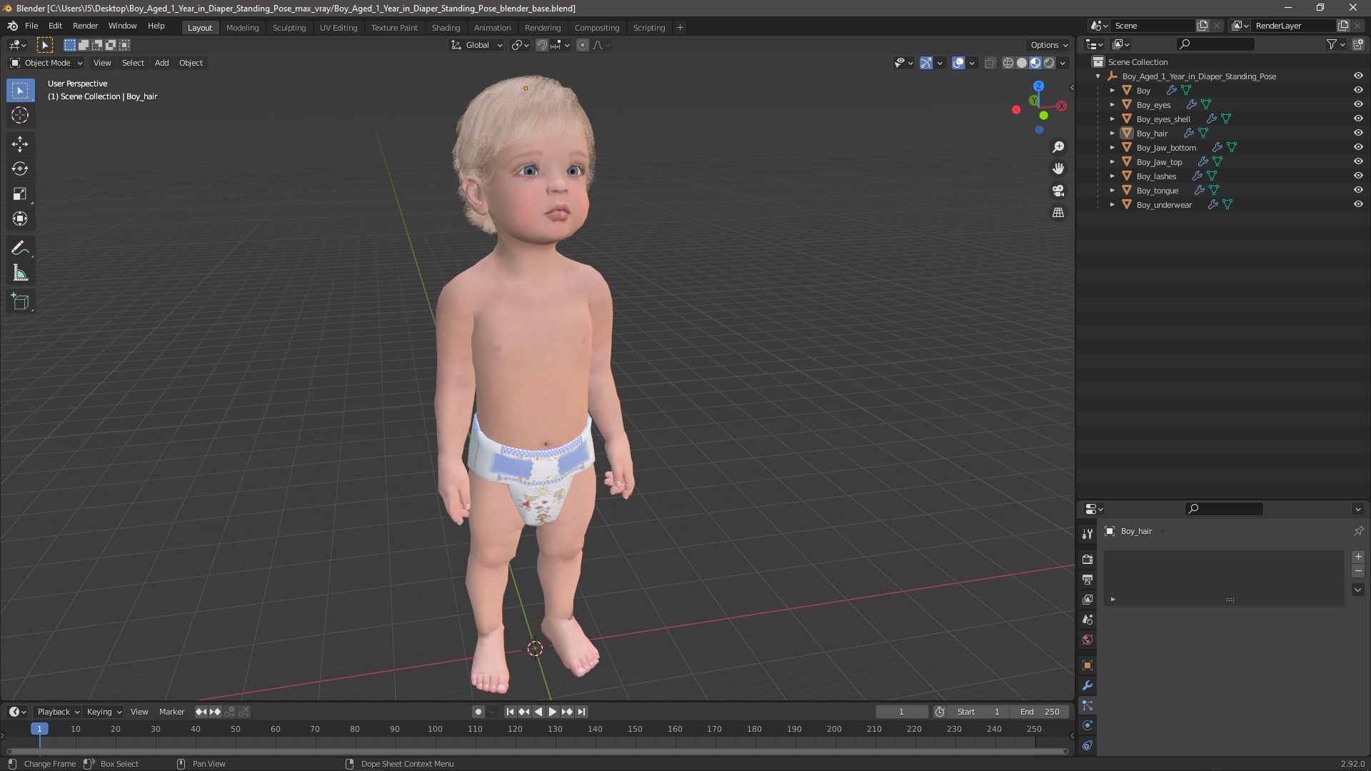 Boy Aged 1 Year in Diaper Standing Pose 3D model