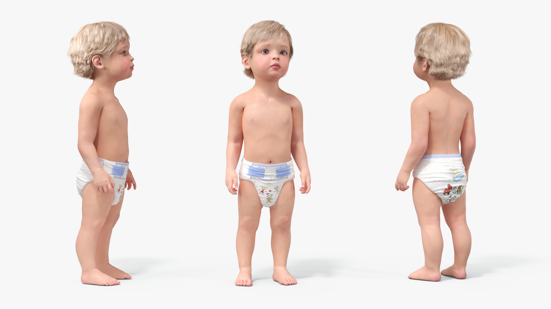 Boy Aged 1 Year in Diaper Standing Pose 3D model