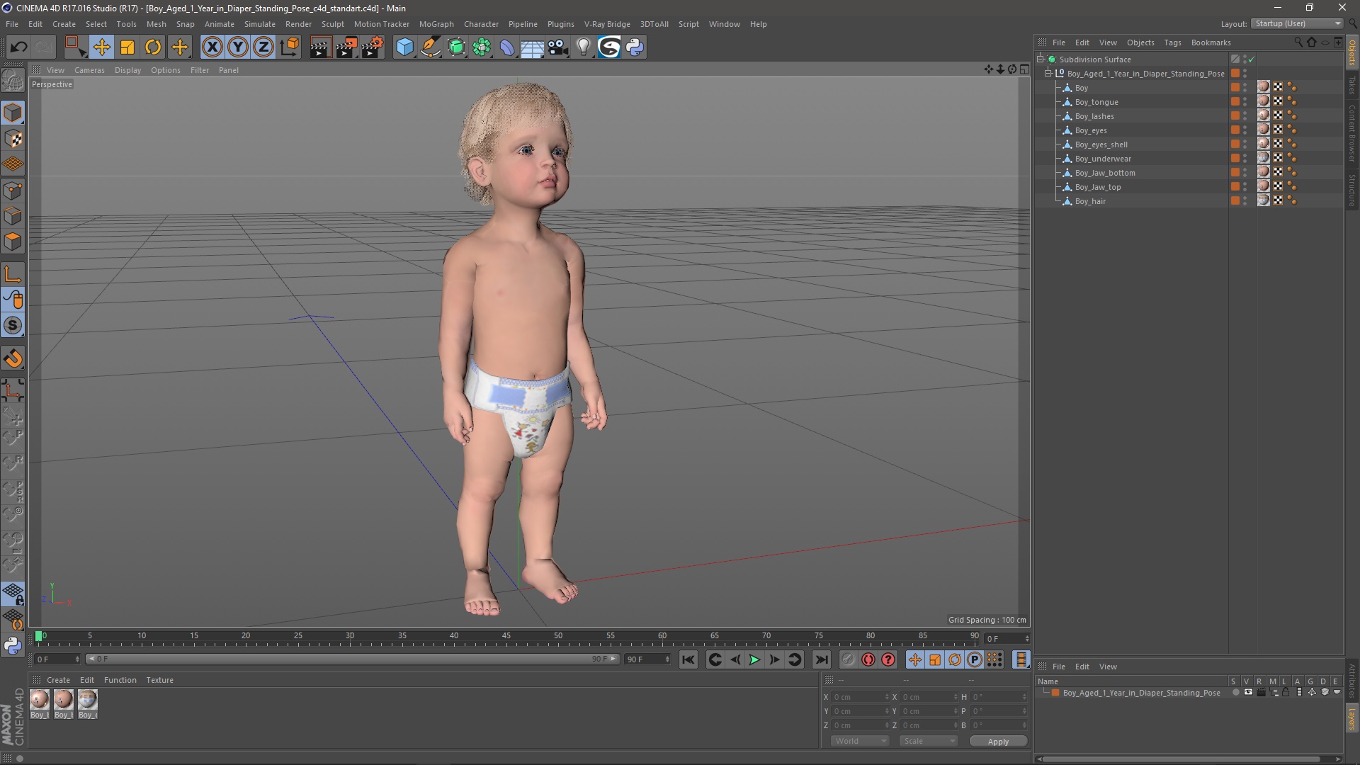 Boy Aged 1 Year in Diaper Standing Pose 3D model