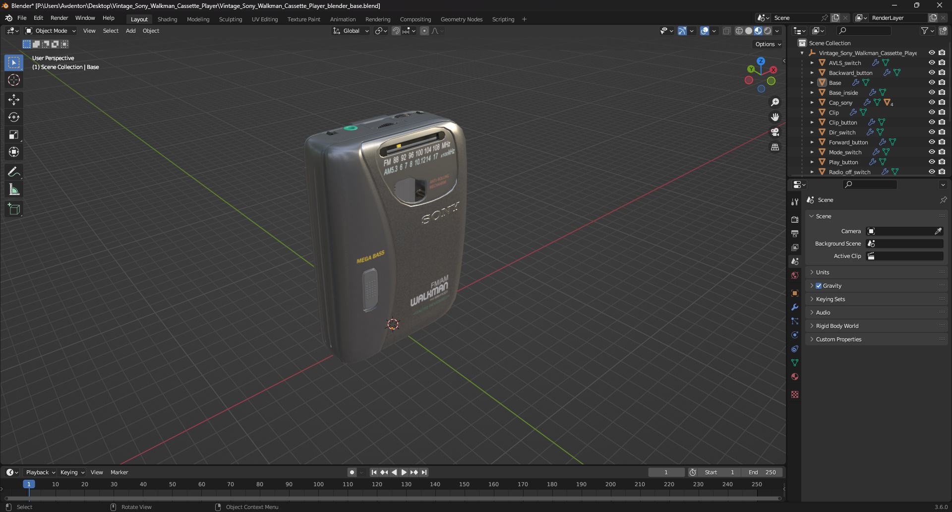 3D Vintage Sony Walkman Cassette Player