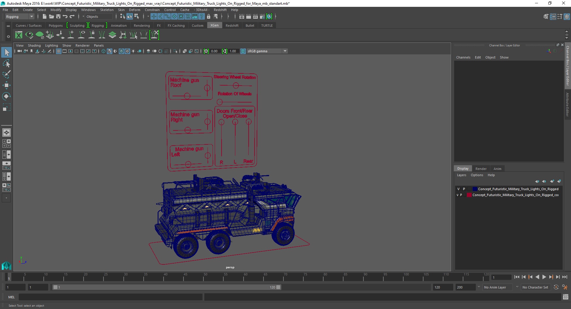 Concept Futuristic Military Truck Lights On Rigged for Maya 3D model