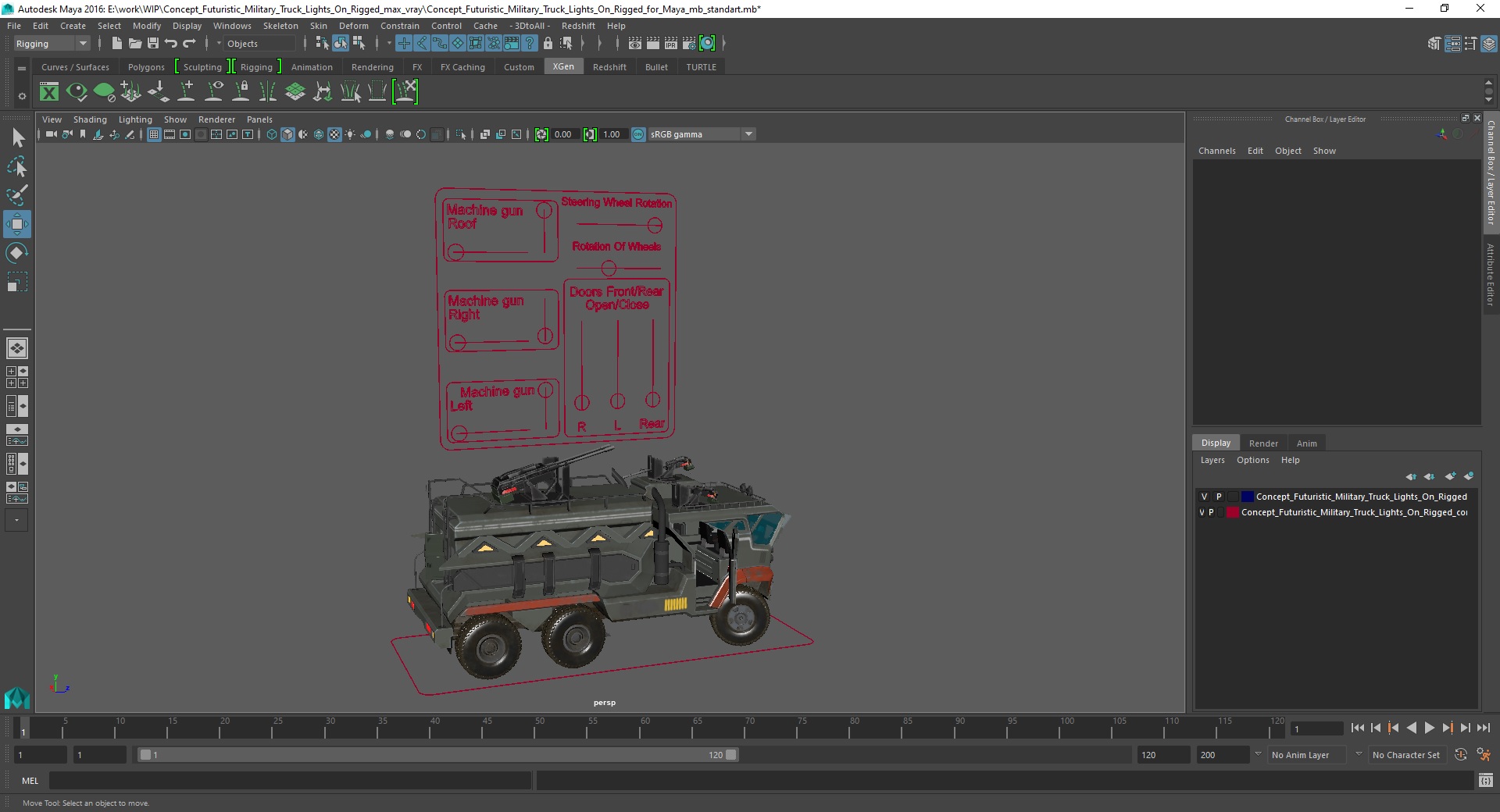 Concept Futuristic Military Truck Lights On Rigged for Maya 3D model