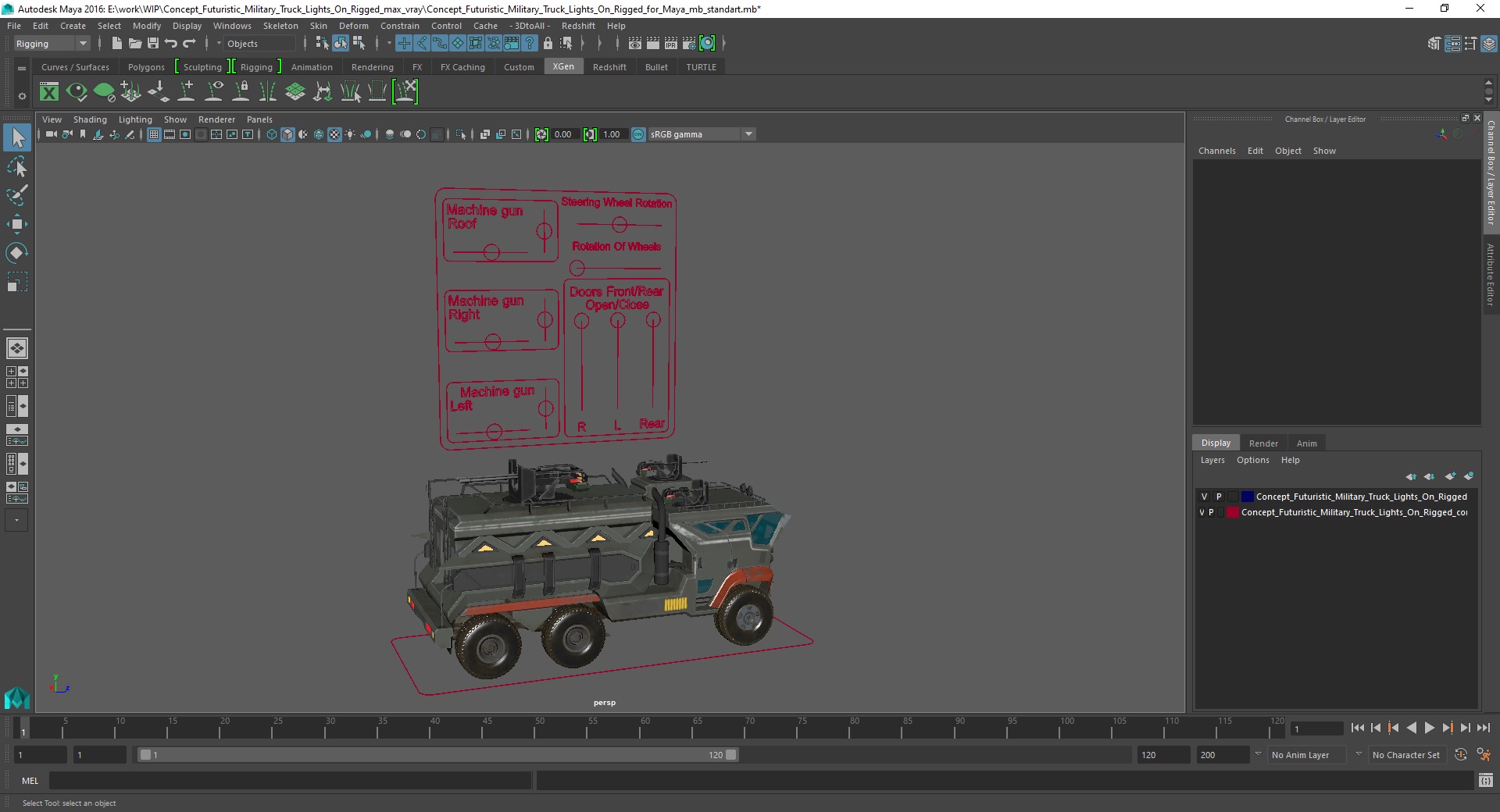 Concept Futuristic Military Truck Lights On Rigged for Maya 3D model