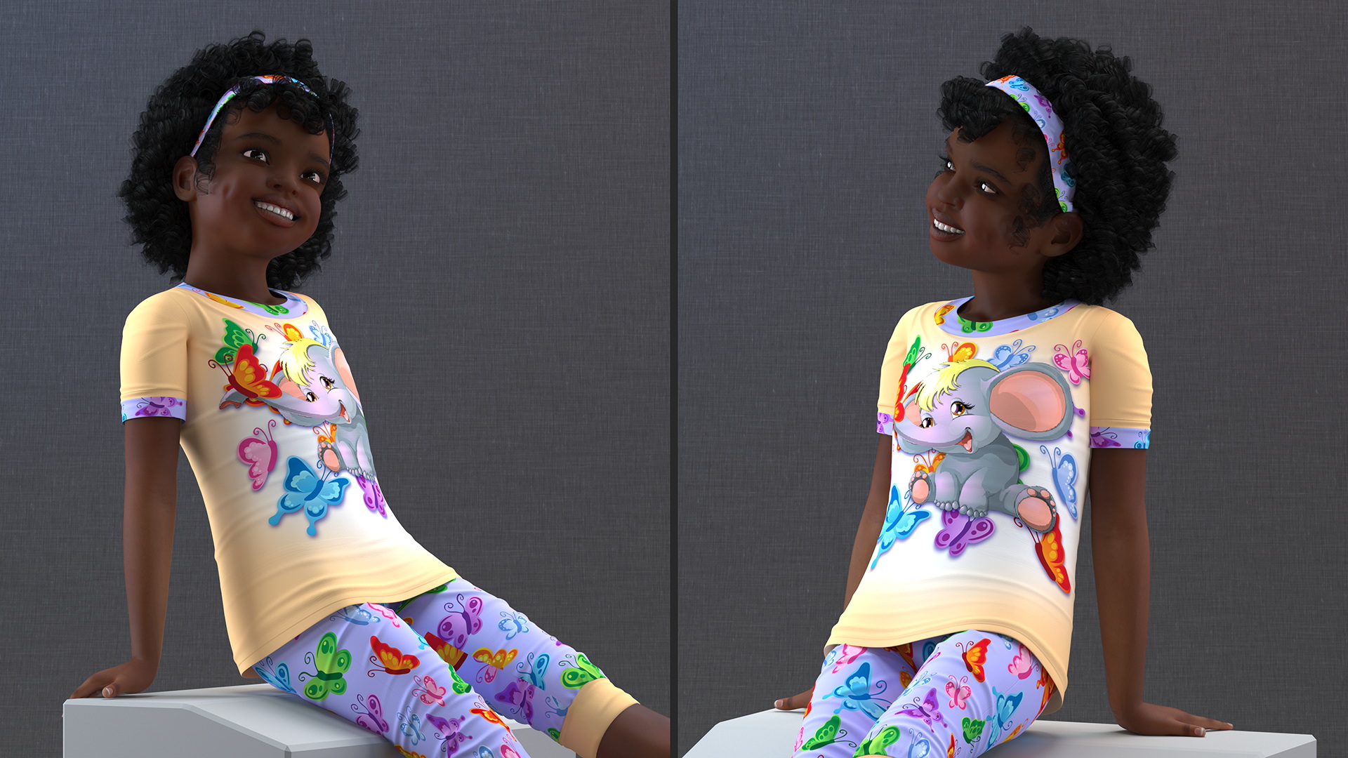 3D model Smiling Black Girl Child Pajamas Sitting
