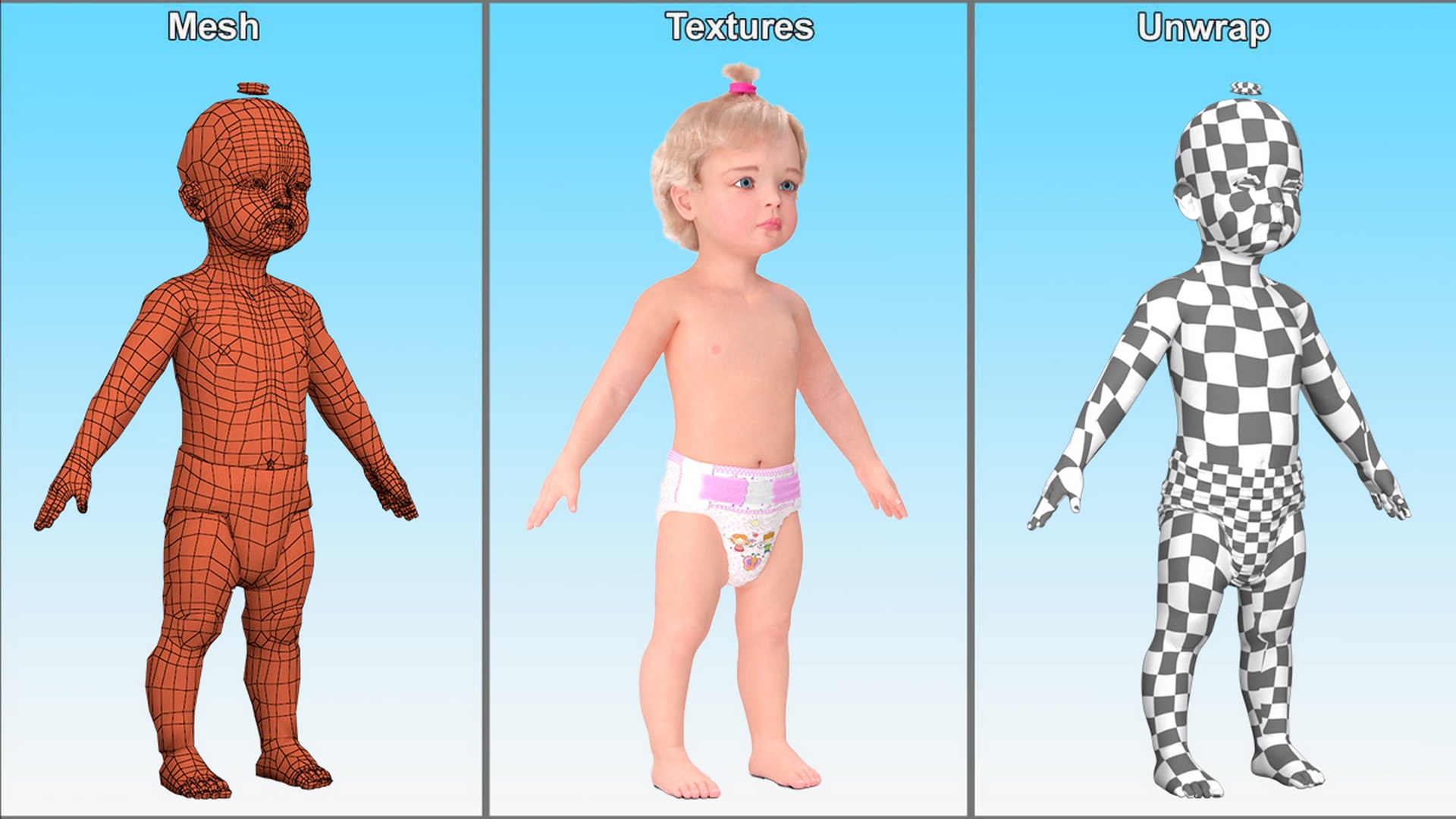 3D model Baby Girl Wearing Diaper A-Pose Fur