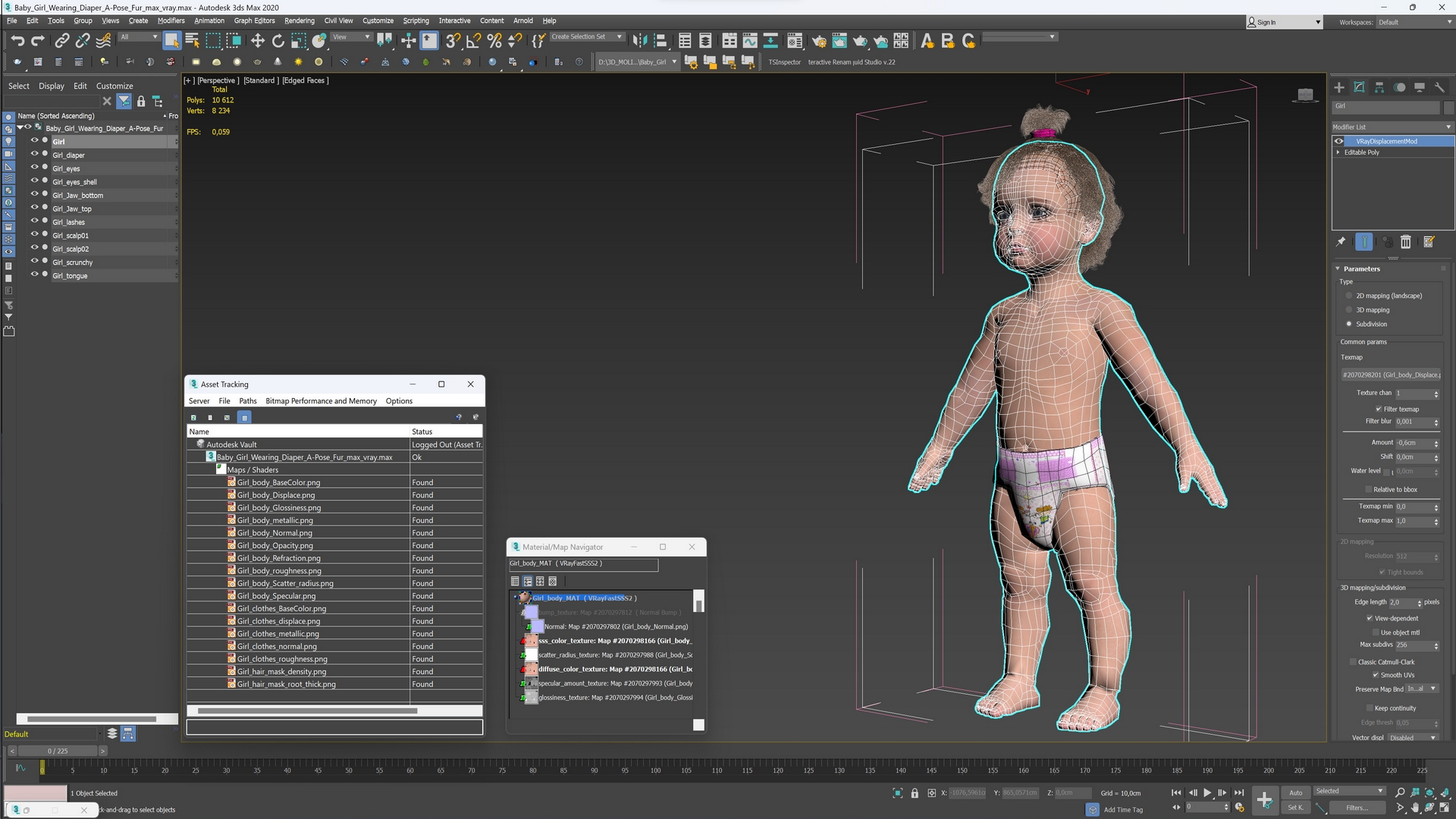 3D model Baby Girl Wearing Diaper A-Pose Fur