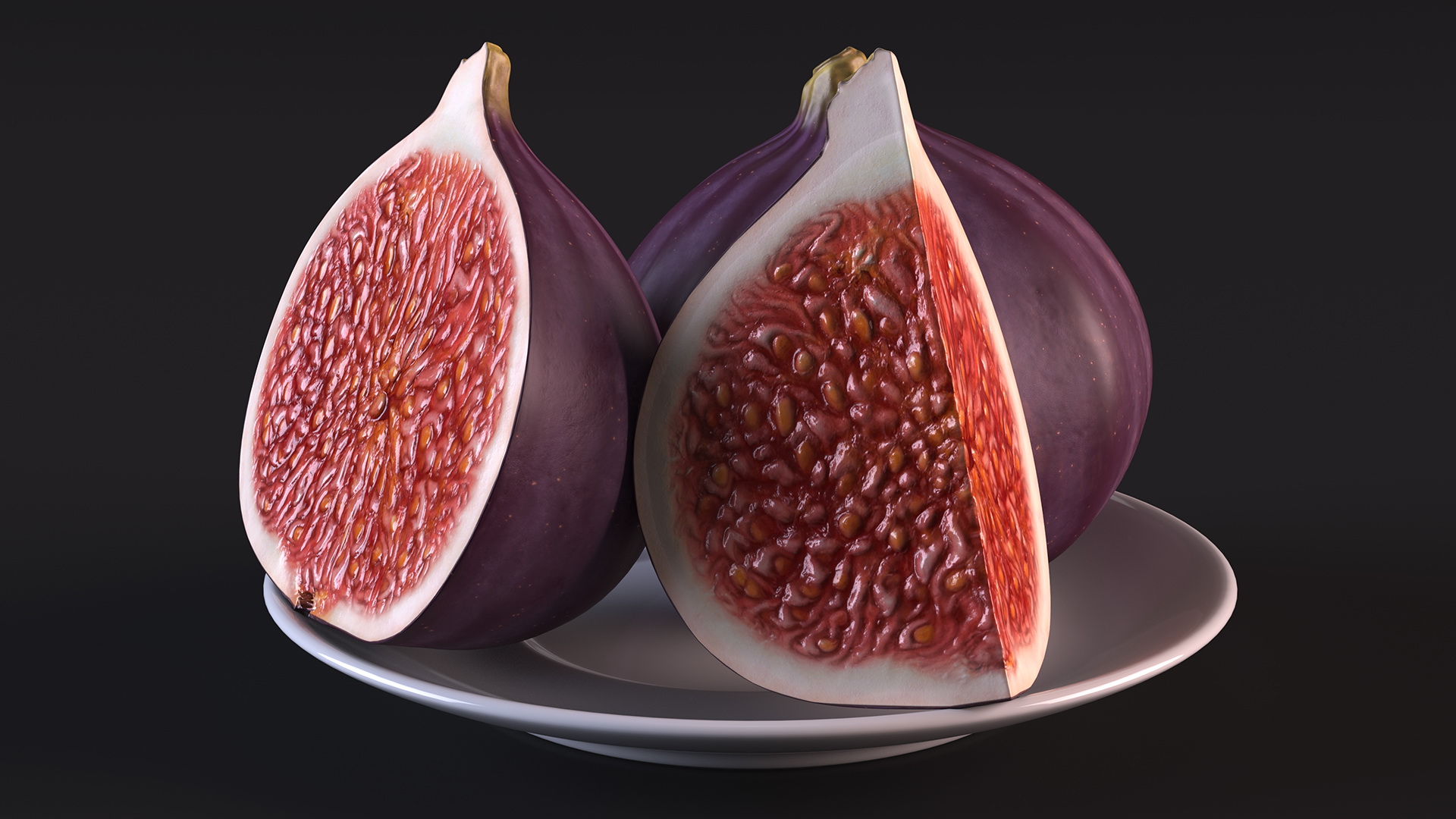 3D Fresh Riped Fig Whole Quarter and Half on Saucer model