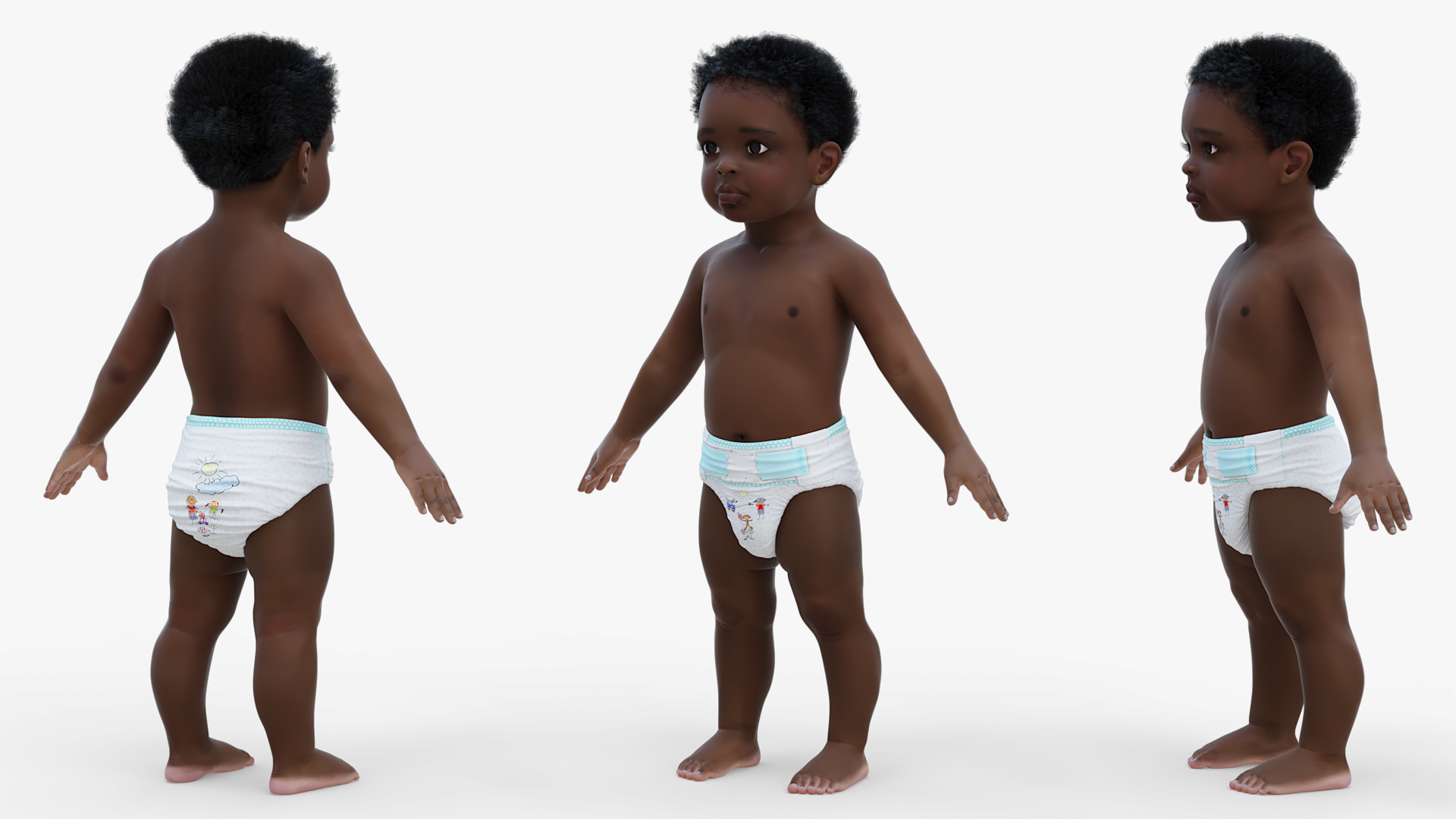 3D Black Baby Boy Wearing Diaper A-Pose