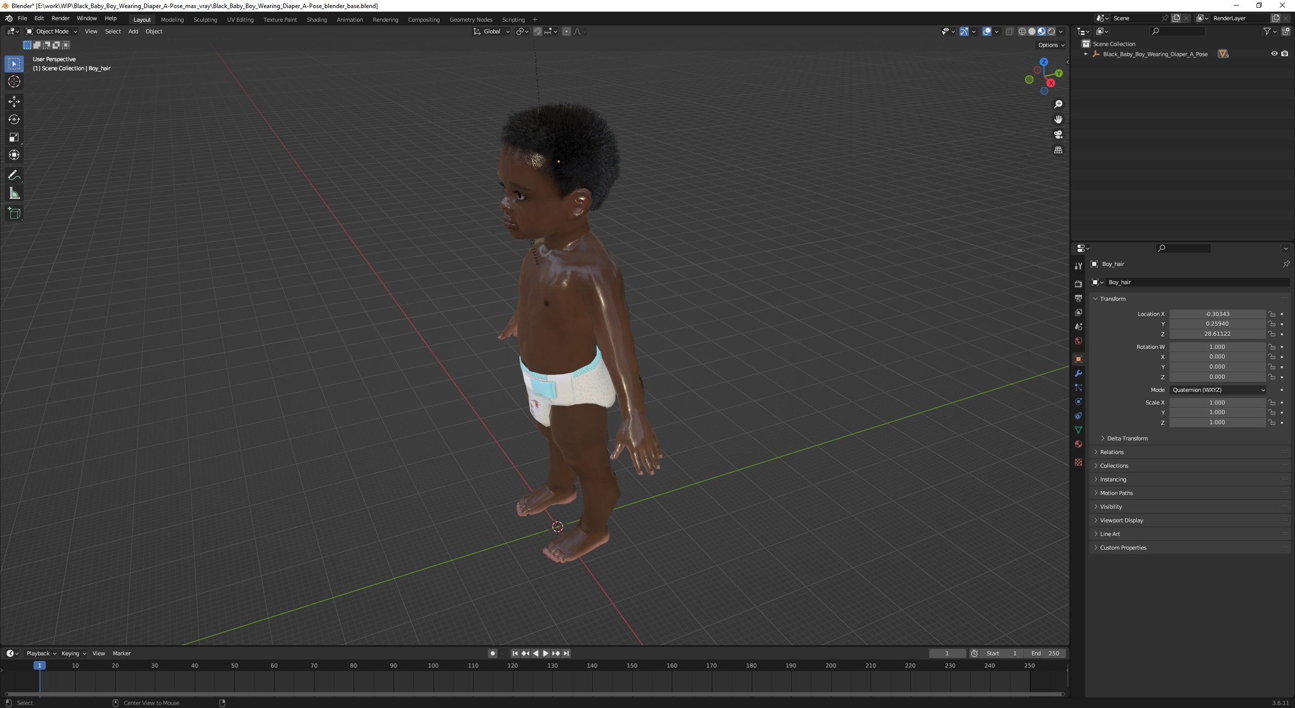 3D Black Baby Boy Wearing Diaper A-Pose