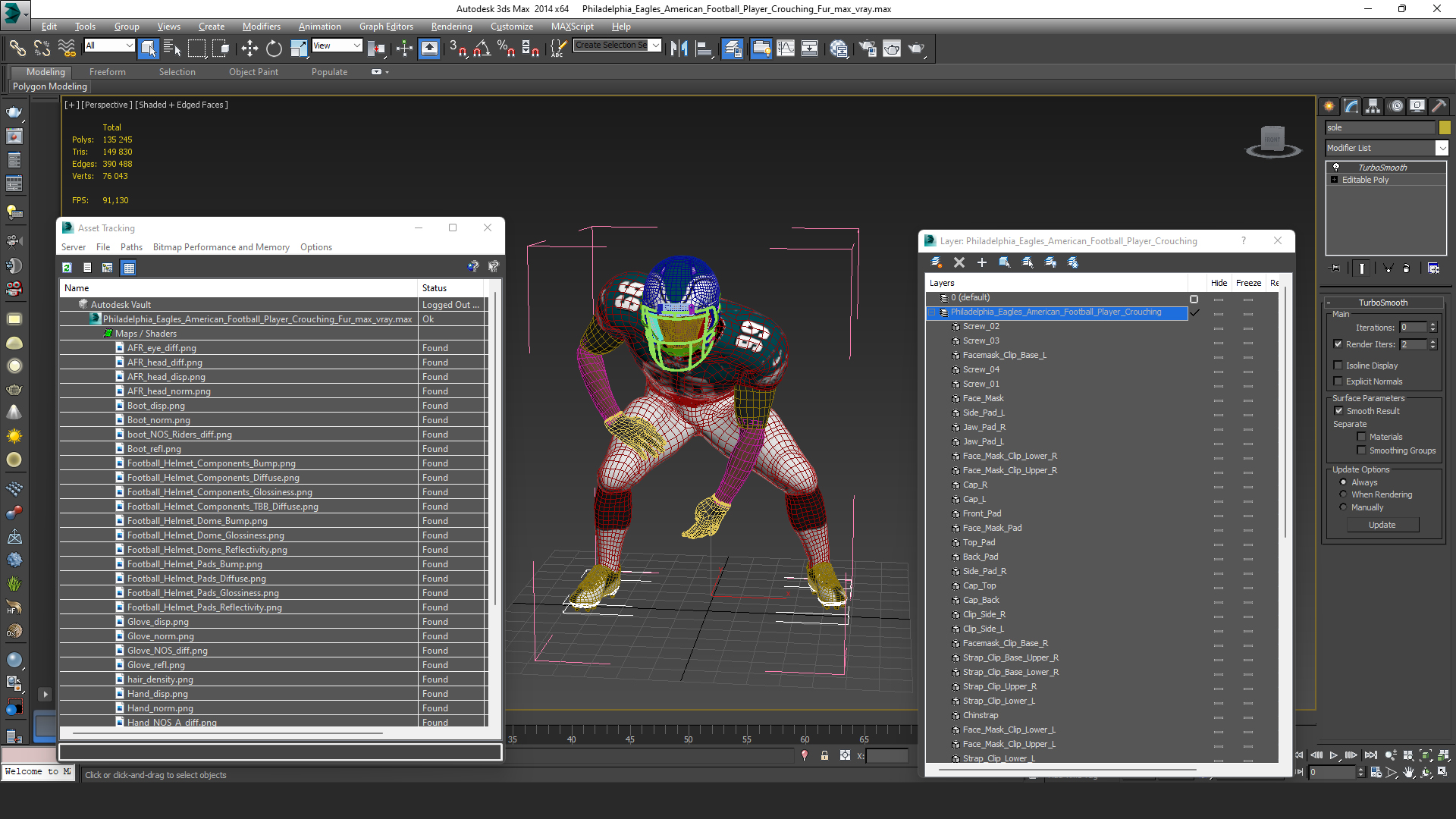 3D Philadelphia Eagles American Football Player Crouching Fur model