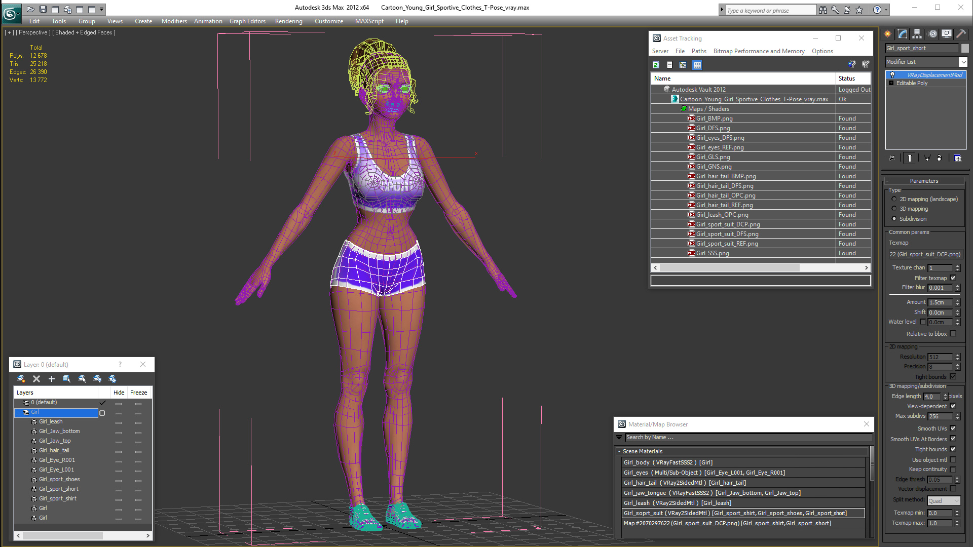 Cartoon Young Girl Sportive Clothes T-Pose 3D