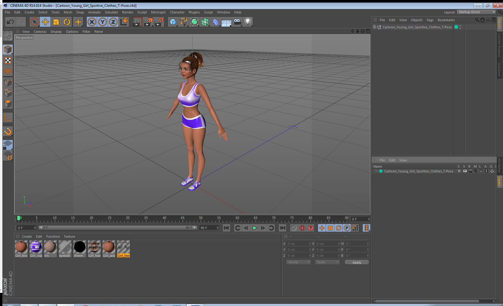 Cartoon Young Girl Sportive Clothes T-Pose 3D