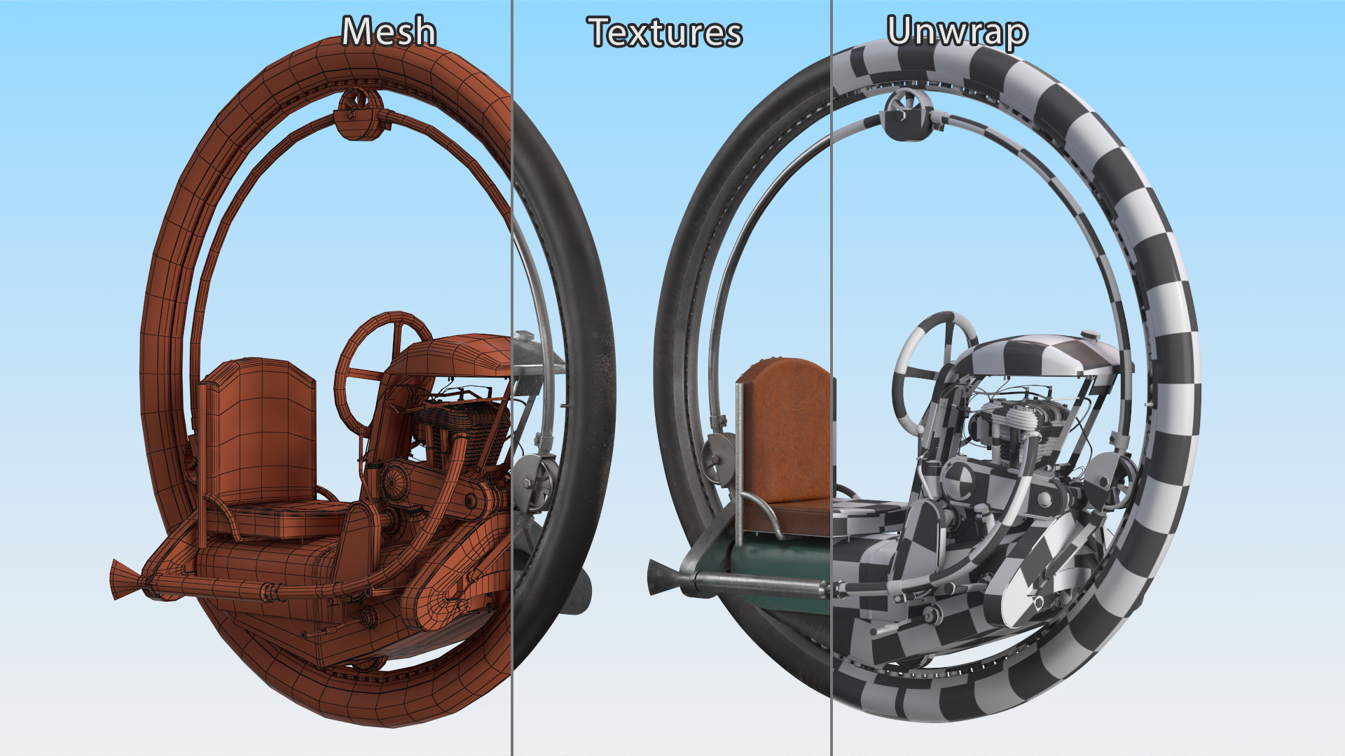 3D Antique Steering Monowheel Used Rigged model