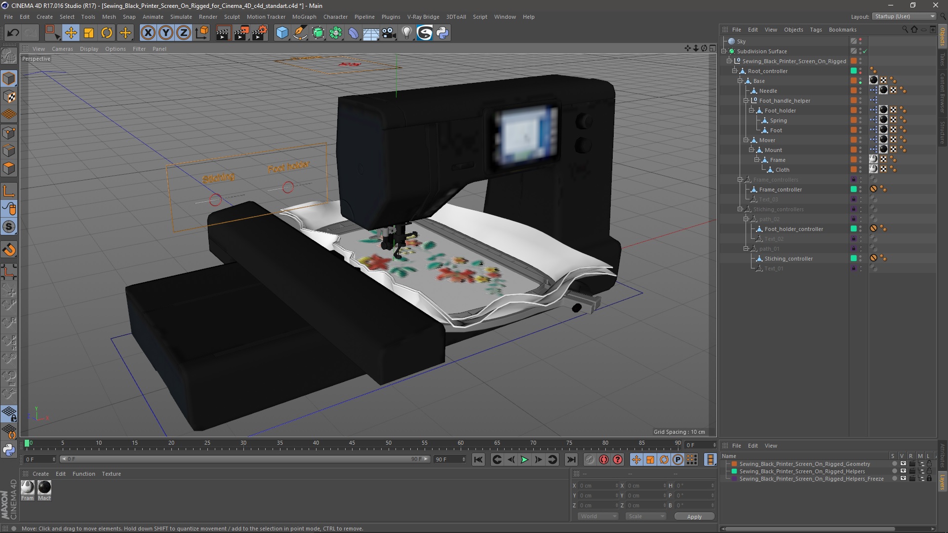 3D Sewing Black Printer Screen On Rigged for Cinema 4D