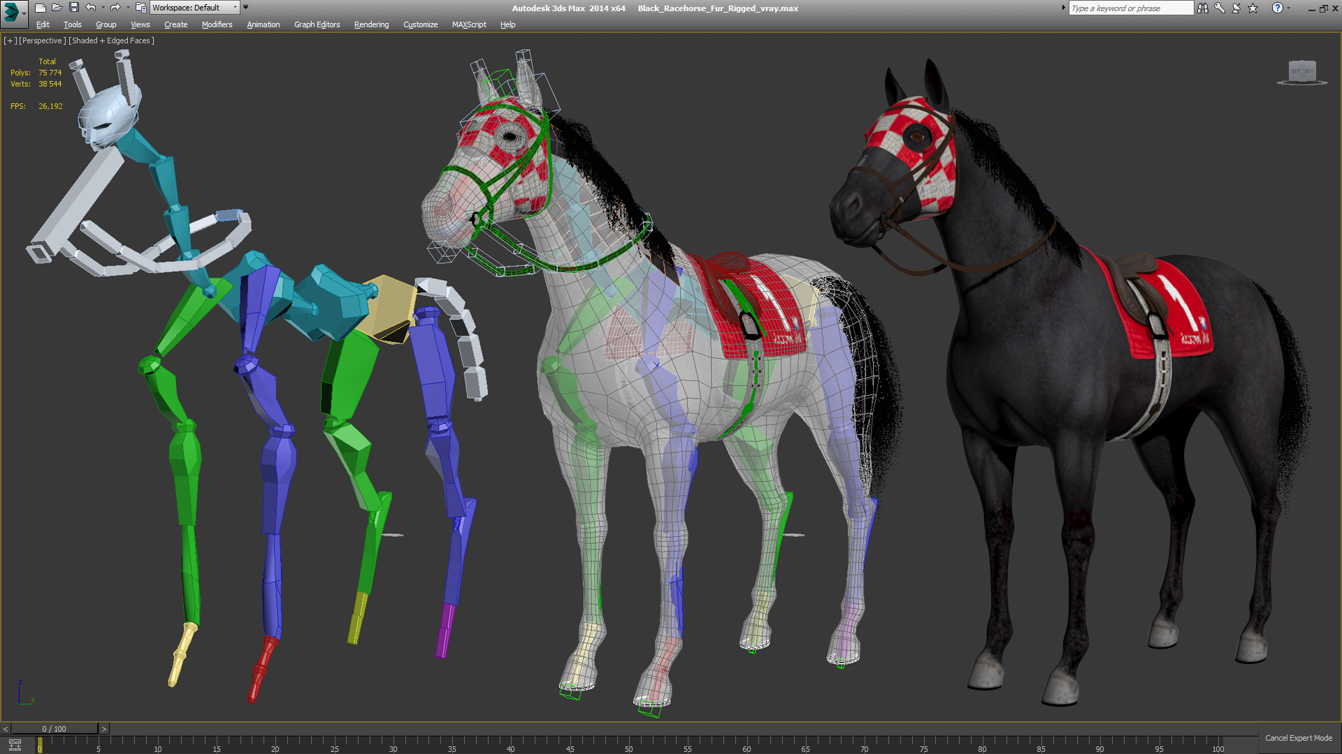 3D Black Racehorse Fur Rigged