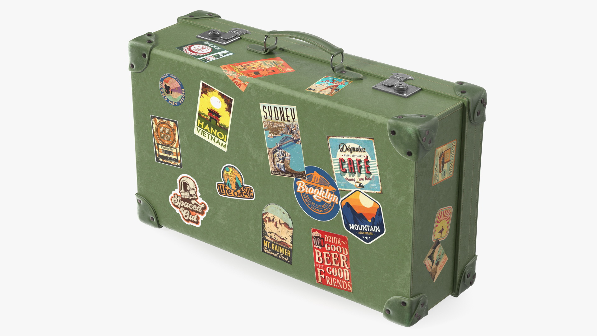 Vintage Leather Suitcase Large Green with Travel Stickers 3D