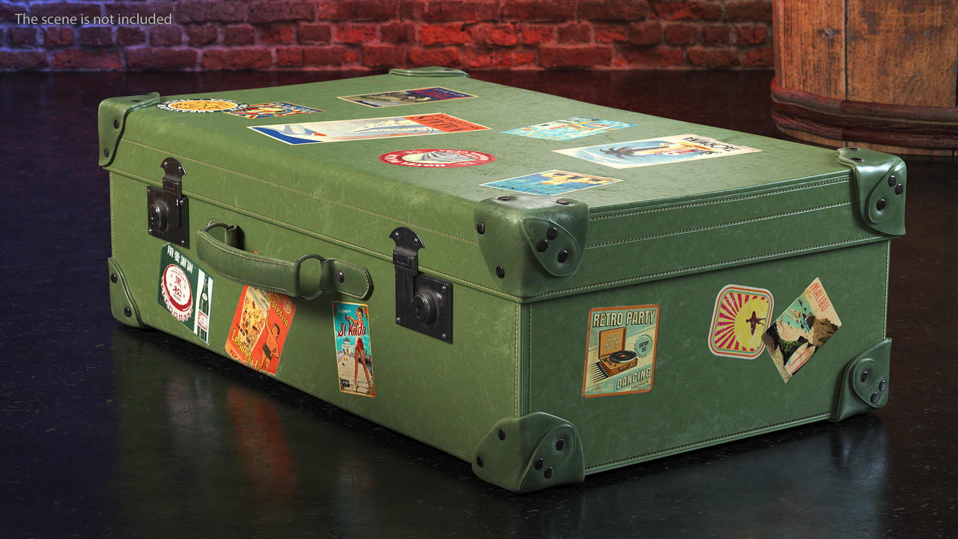 Vintage Leather Suitcase Large Green with Travel Stickers 3D