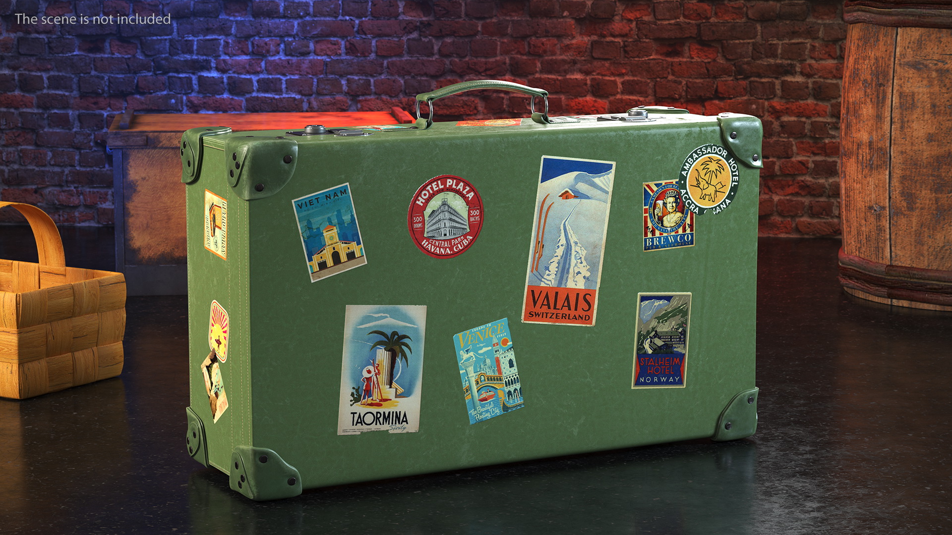 Vintage Leather Suitcase Large Green with Travel Stickers 3D