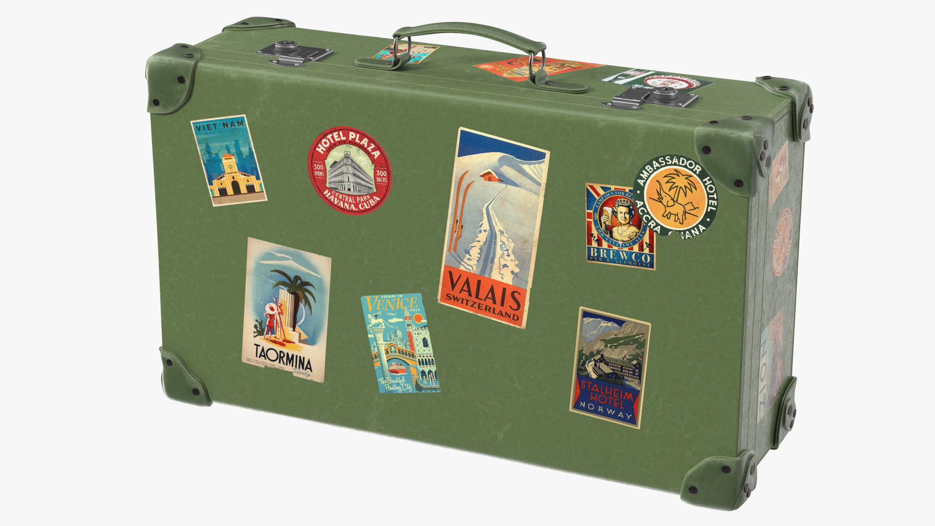 Vintage Leather Suitcase Large Green with Travel Stickers 3D