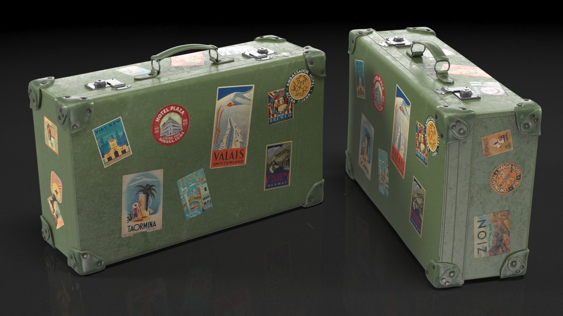Vintage Leather Suitcase Large Green with Travel Stickers 3D