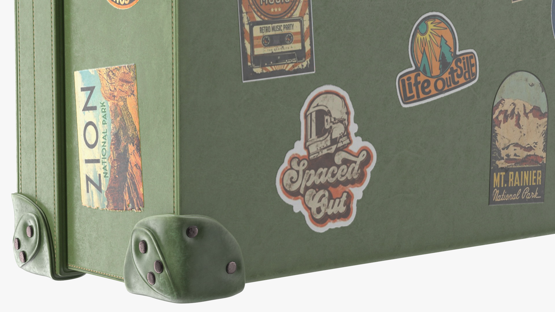 Vintage Leather Suitcase Large Green with Travel Stickers 3D