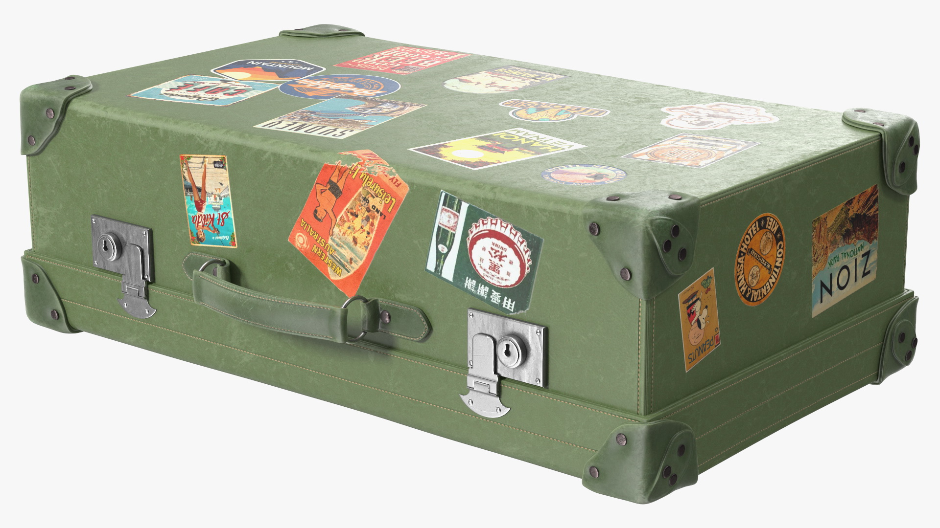 Vintage Leather Suitcase Large Green with Travel Stickers 3D