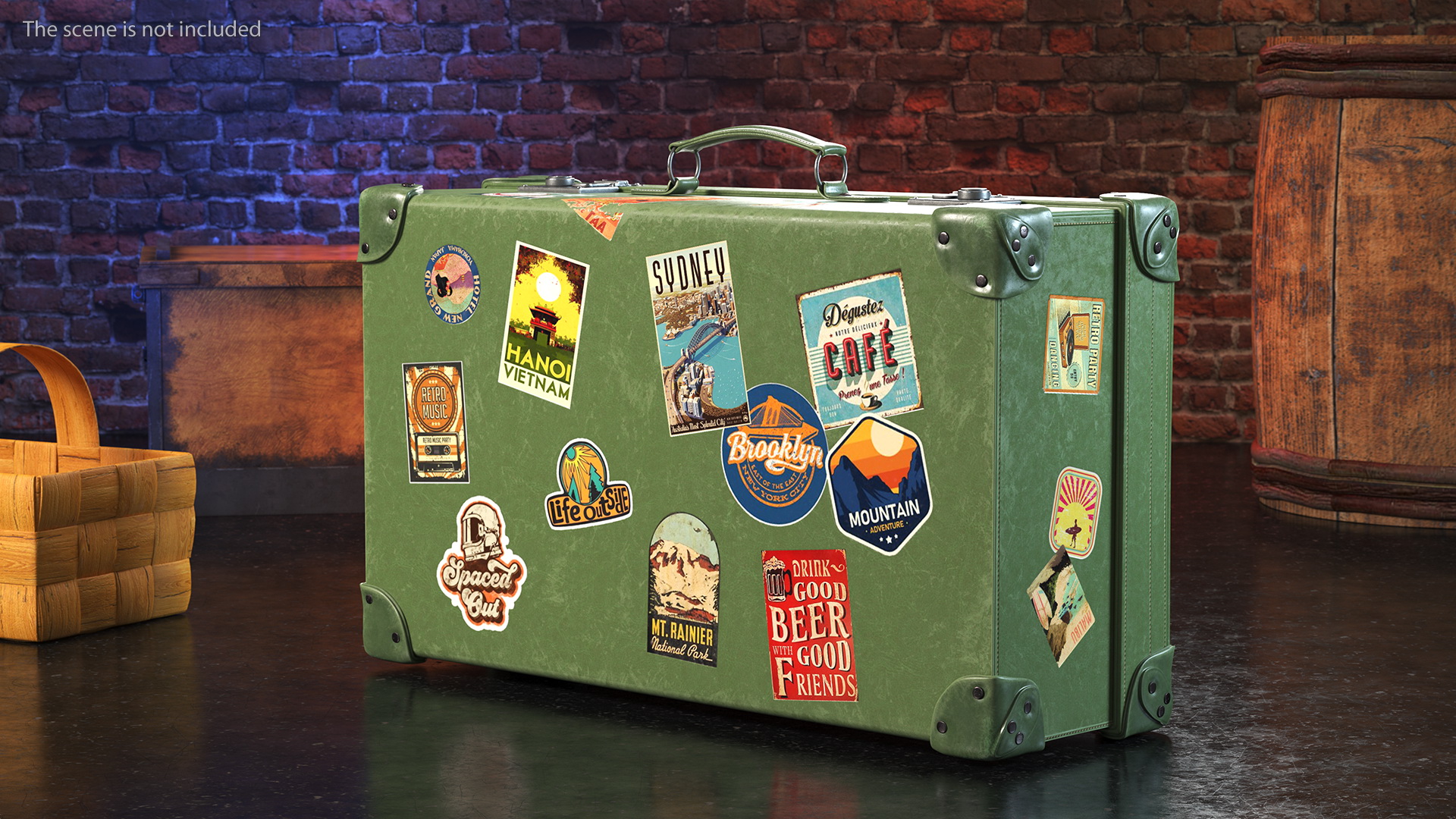 Vintage Leather Suitcase Large Green with Travel Stickers 3D