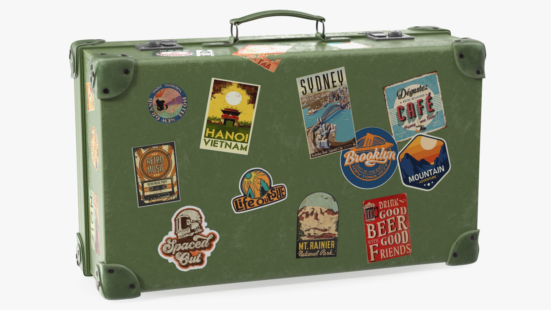 Vintage Leather Suitcase Large Green with Travel Stickers 3D