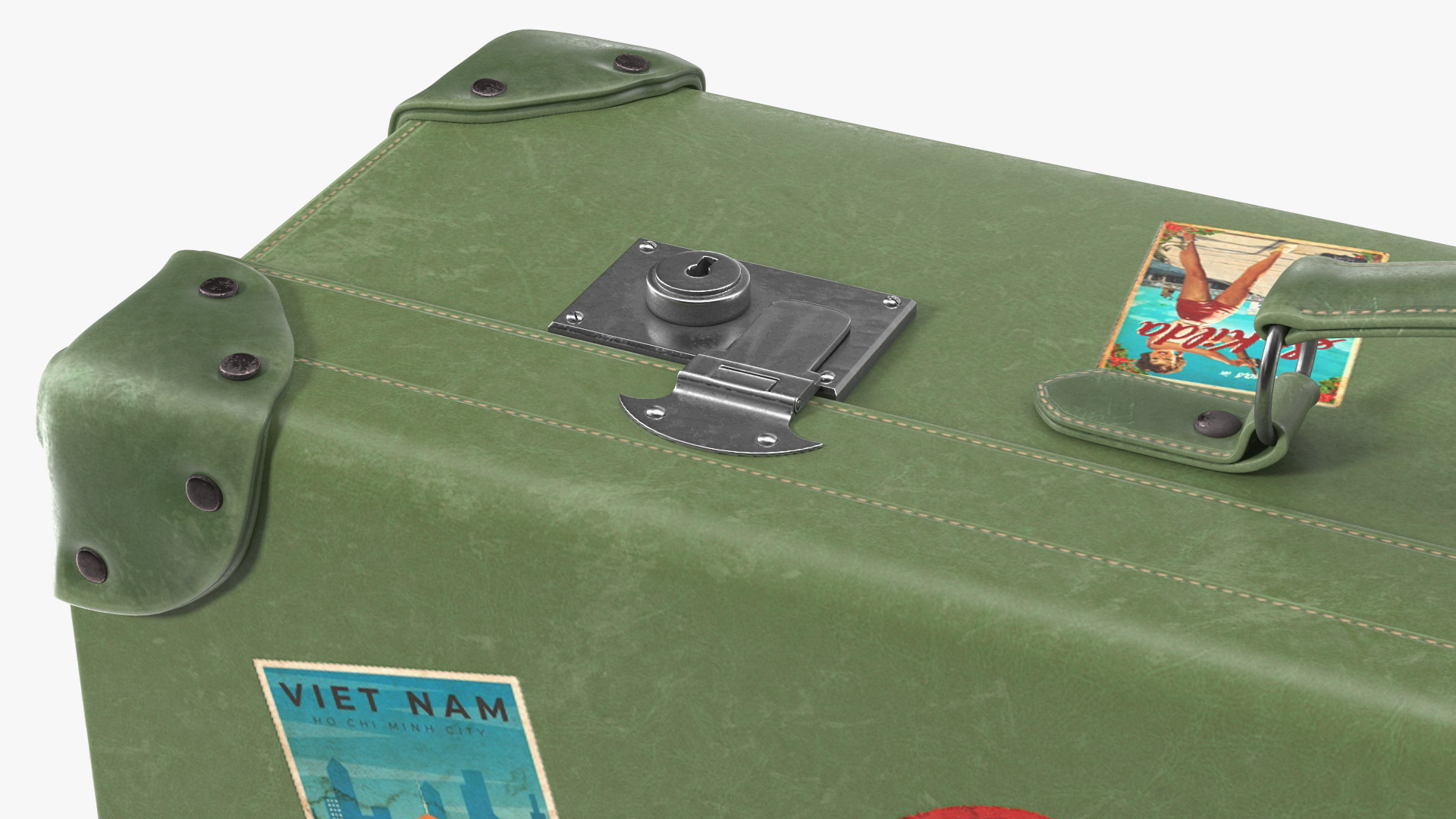 Vintage Leather Suitcase Large Green with Travel Stickers 3D