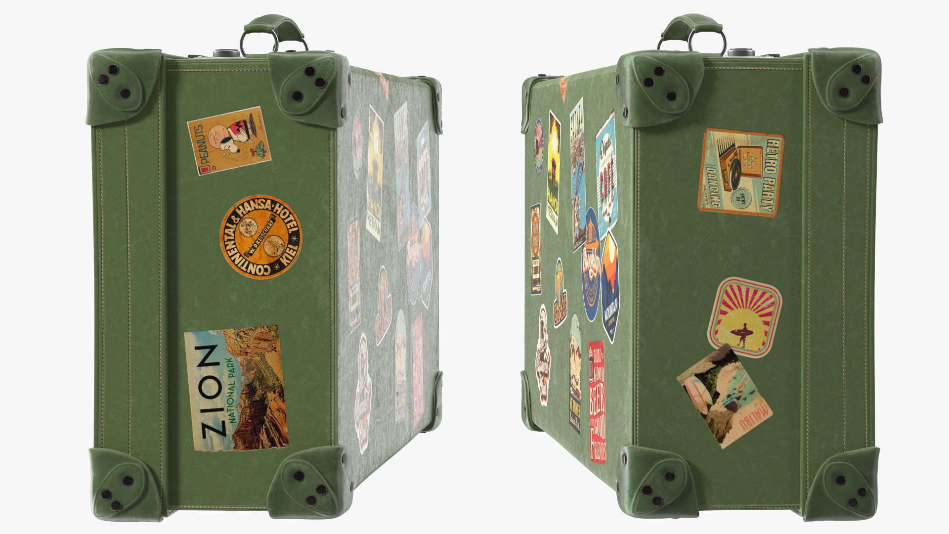 Vintage Leather Suitcase Large Green with Travel Stickers 3D