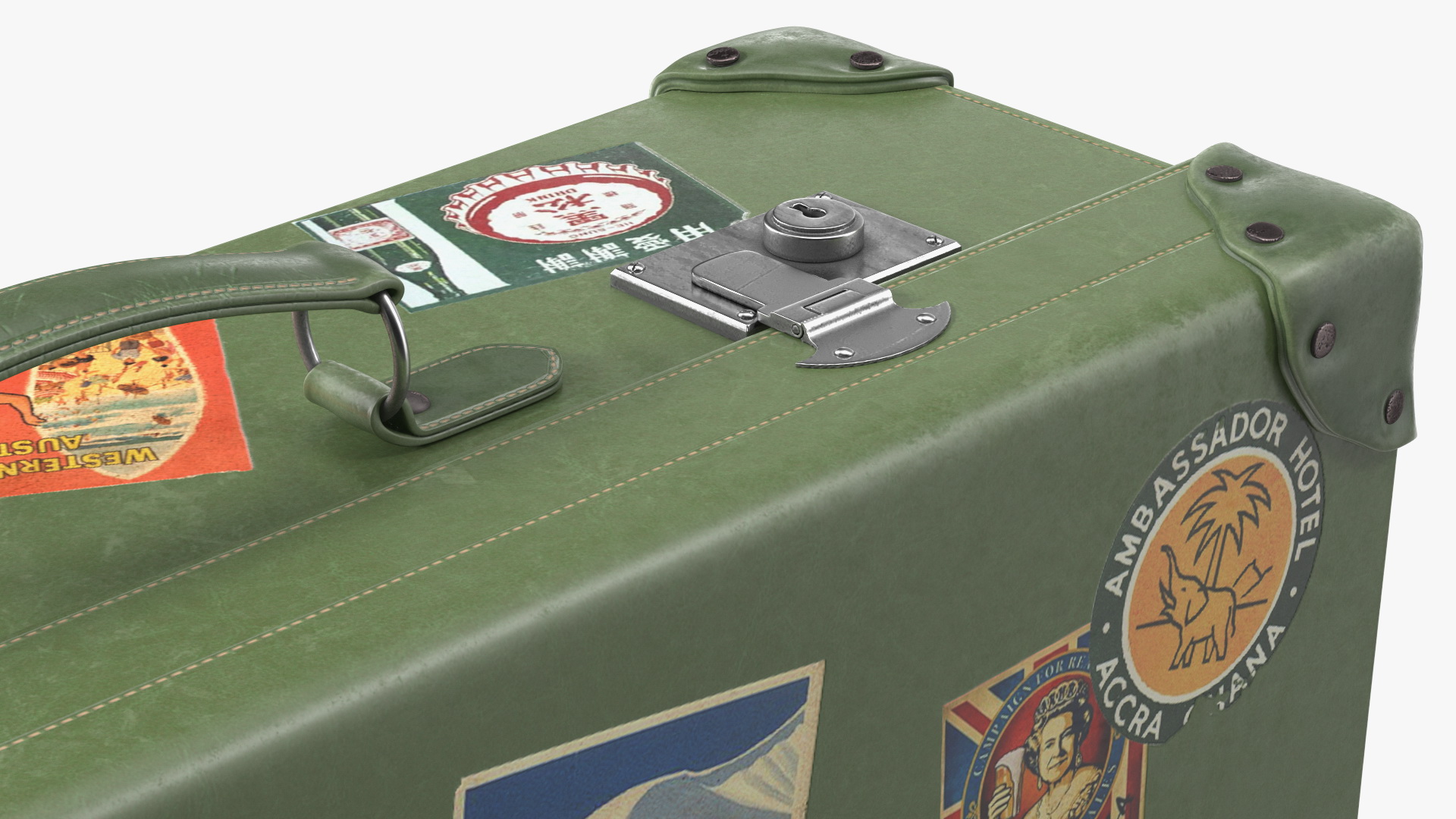Vintage Leather Suitcase Large Green with Travel Stickers 3D