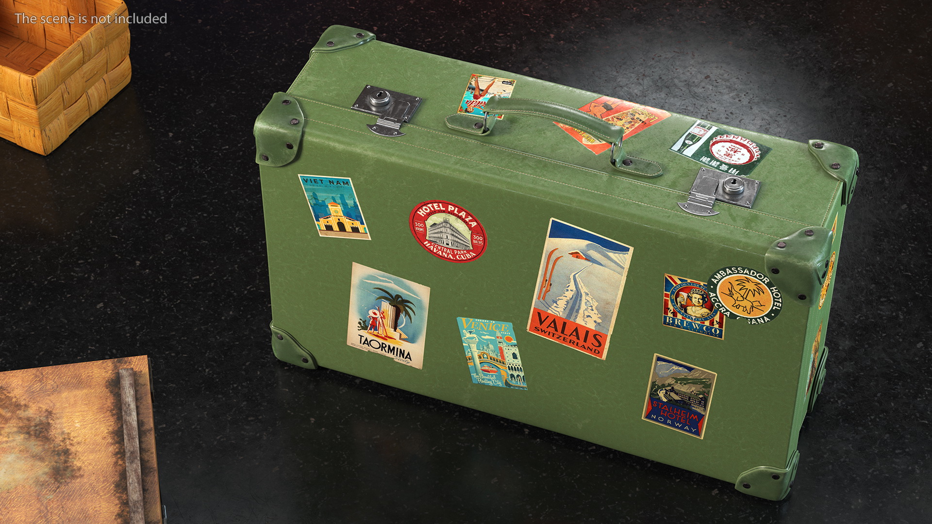 Vintage Leather Suitcase Large Green with Travel Stickers 3D