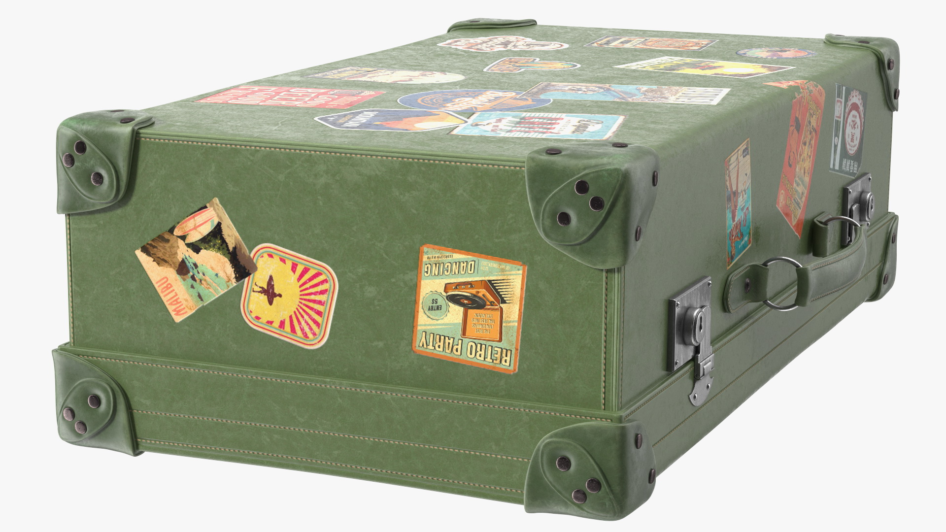 Vintage Leather Suitcase Large Green with Travel Stickers 3D