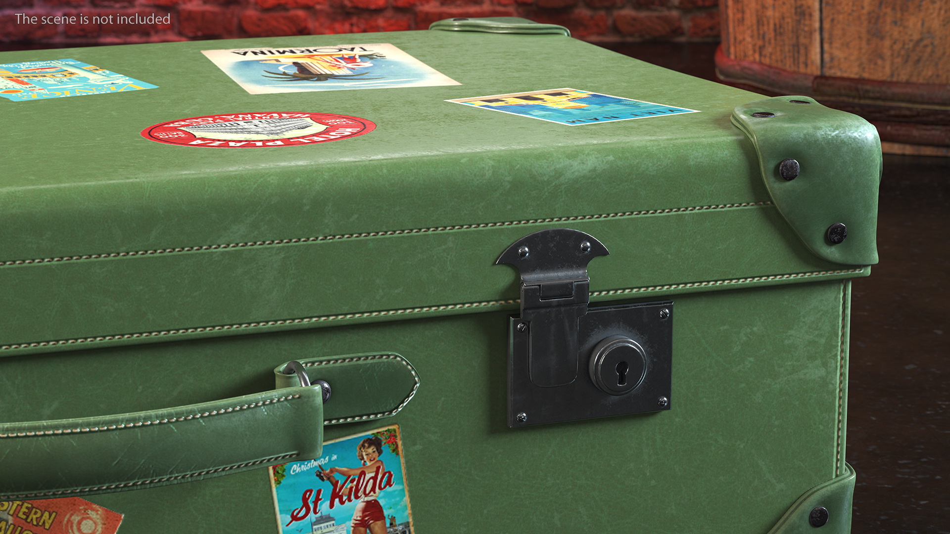 Vintage Leather Suitcase Large Green with Travel Stickers 3D