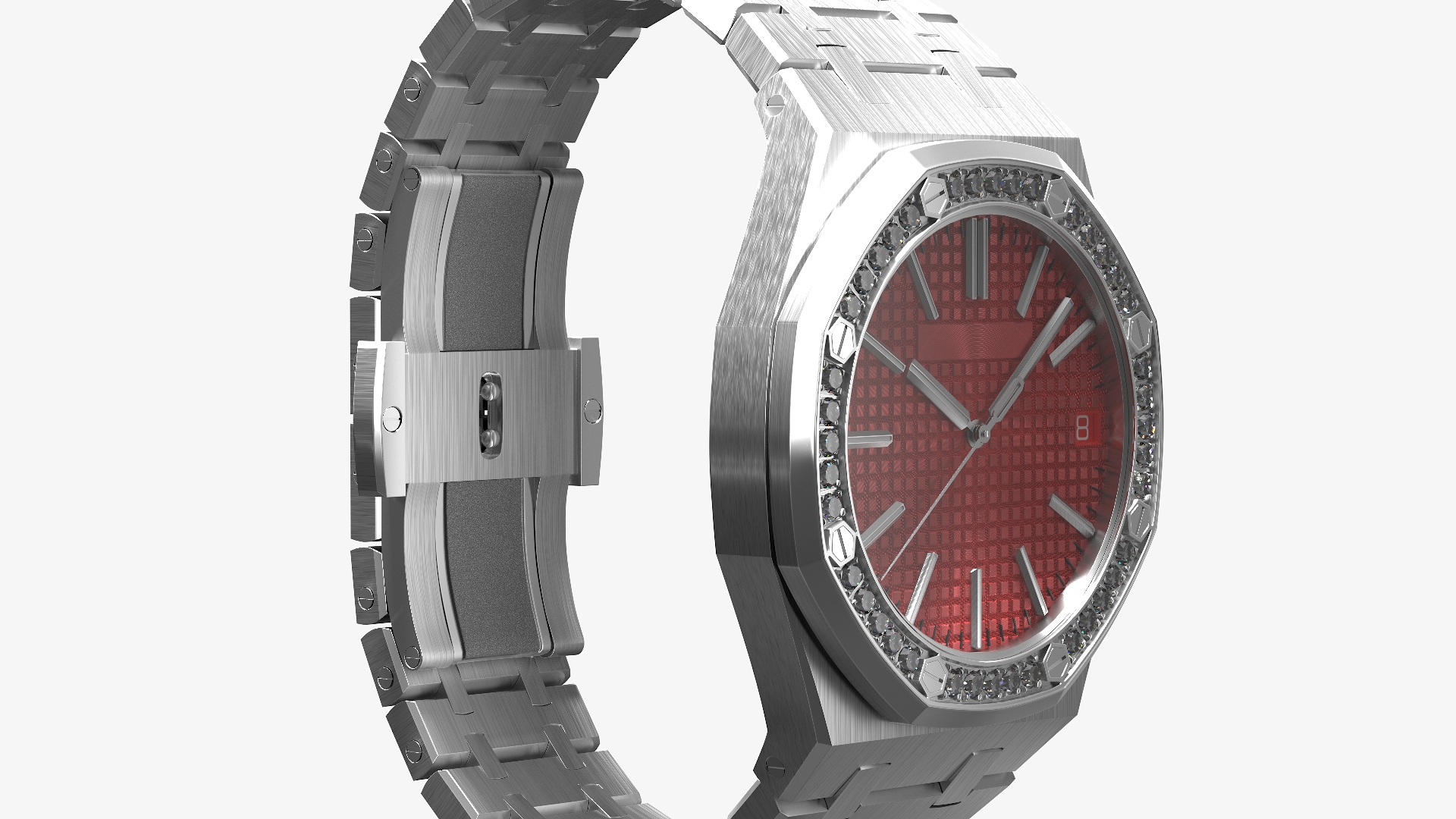 Luxury Royal Watch Red Stainless Steel Diamond-Set Chronograph 3D