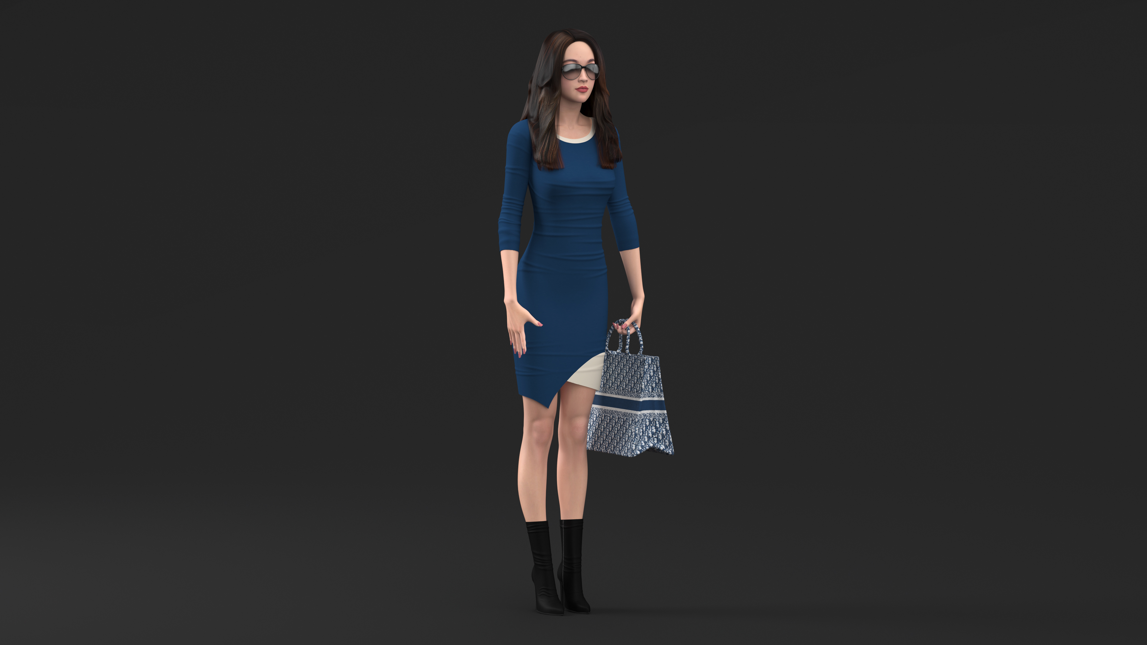 3D Lady Carrying Blue Embroidery Tote Bag model
