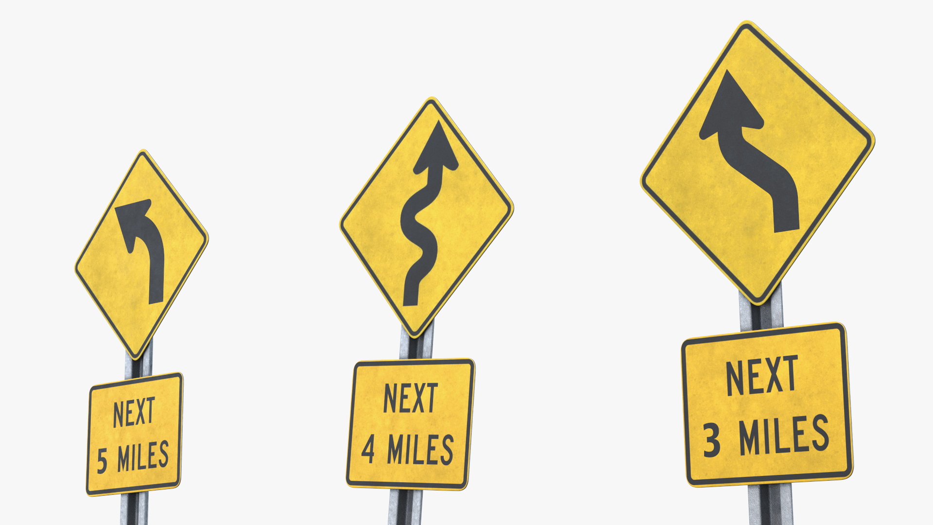 Curved Road Warning Signs Set with Distance Plates, view 5