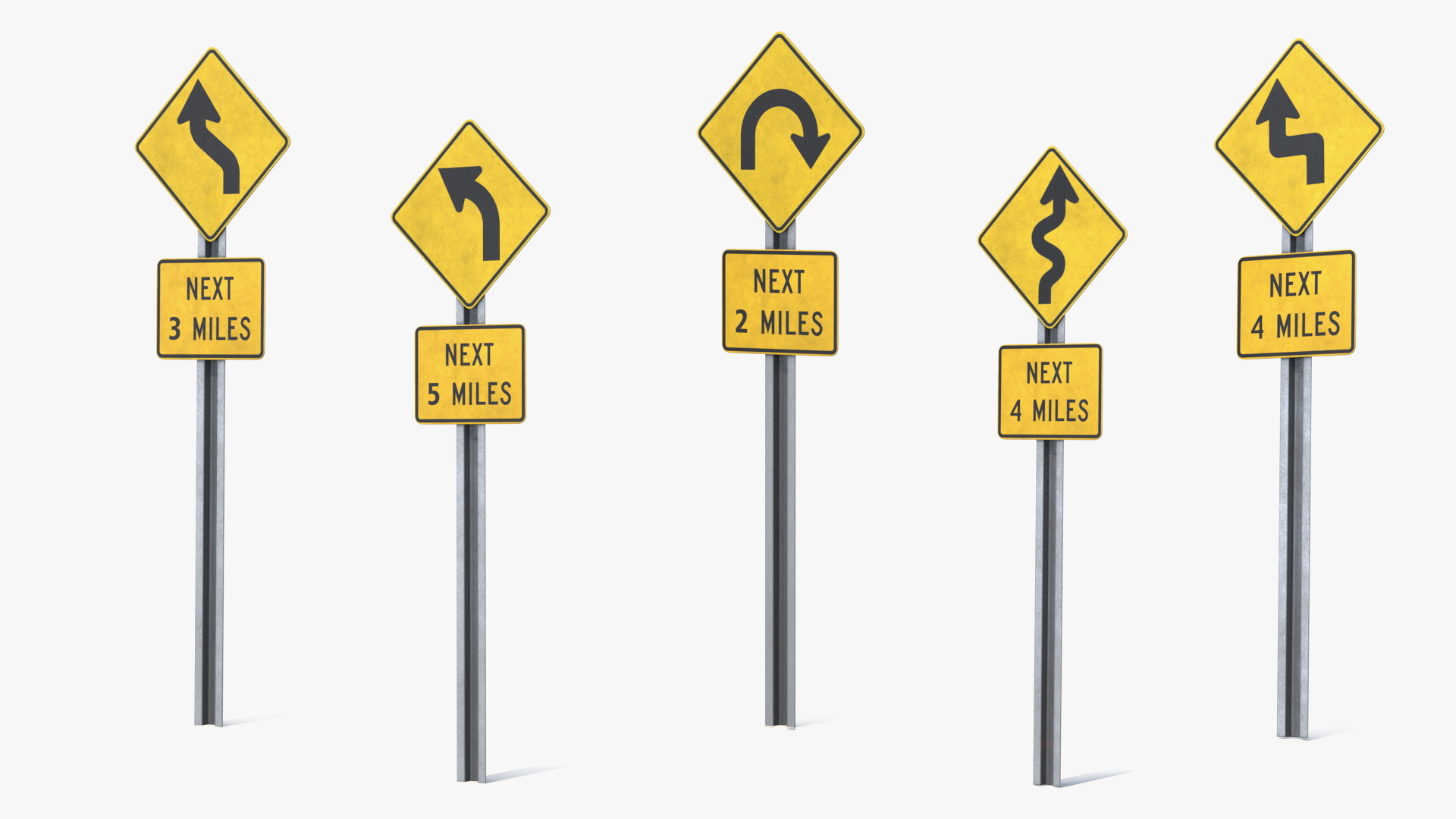Curved Road Warning Signs Set with Distance Plates