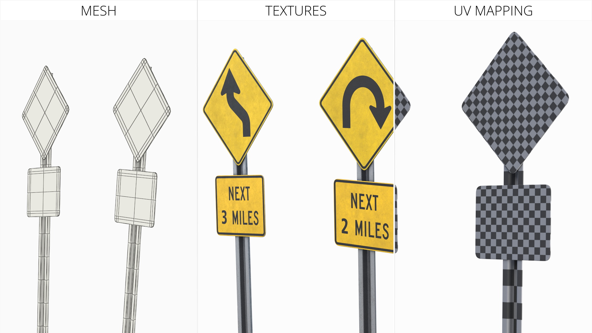 Curved Road Warning Signs Set with Distance Plates, view 7