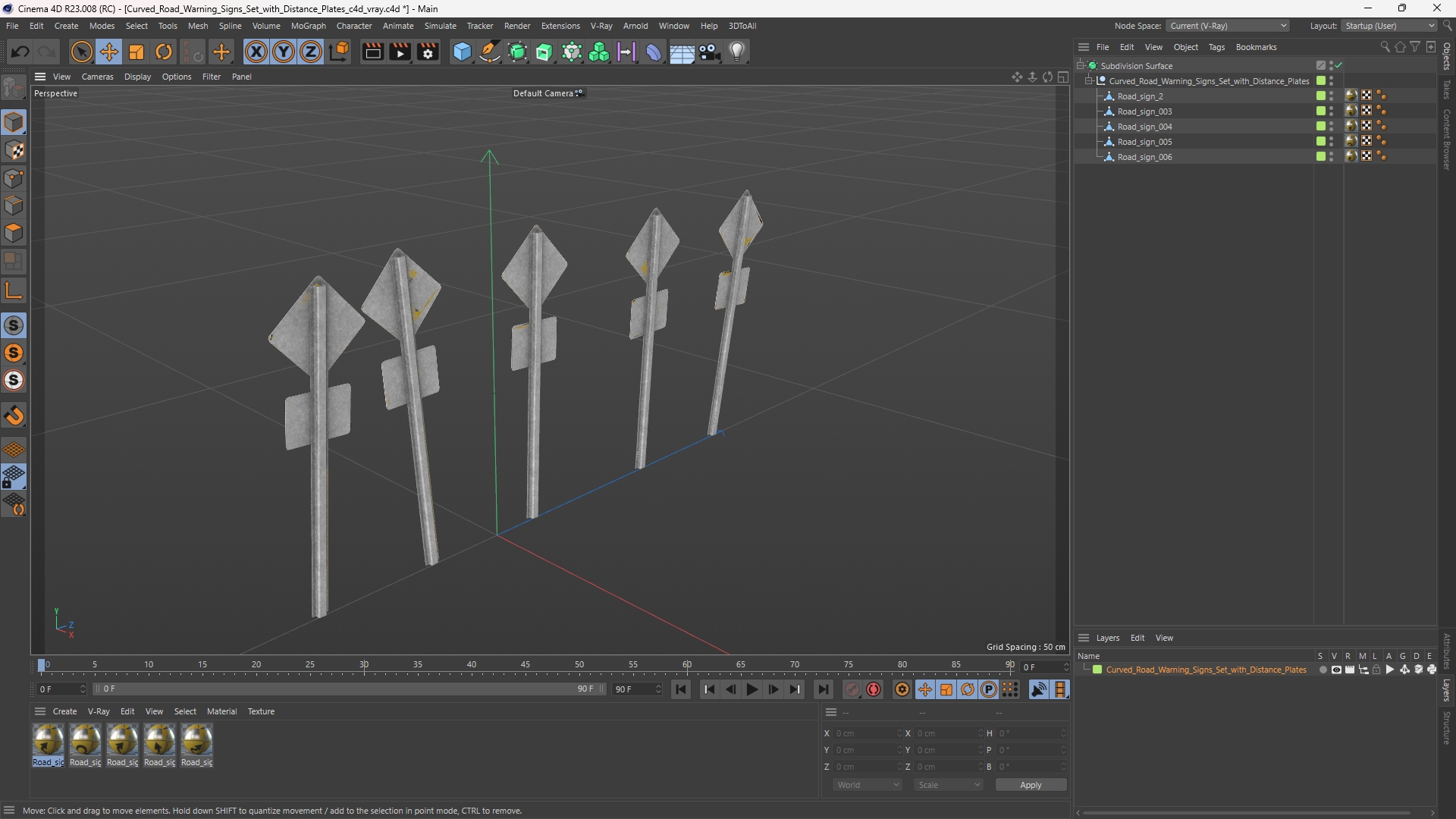 Curved Road Warning Signs Set with Distance Plates 3D model collection preview