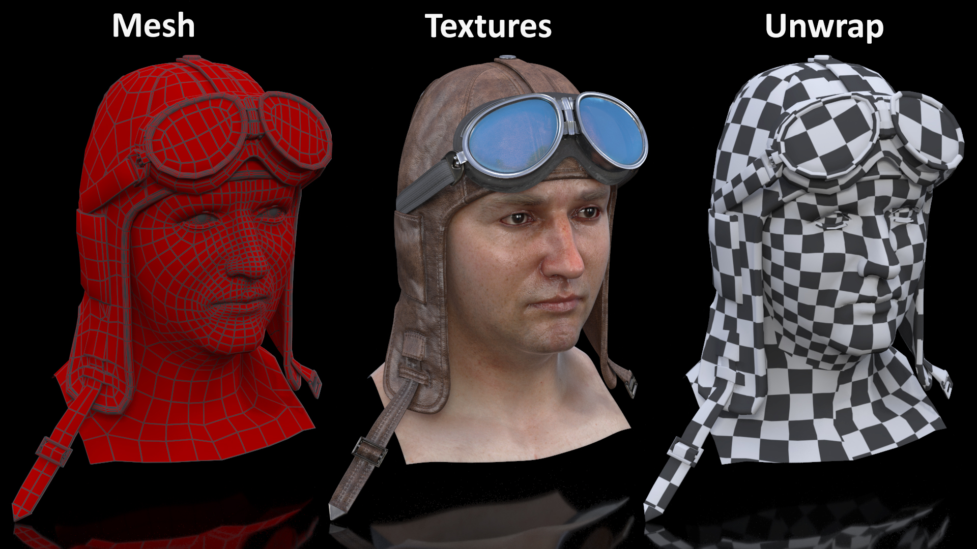 Pilot head with Helmet and Goggles 3D model