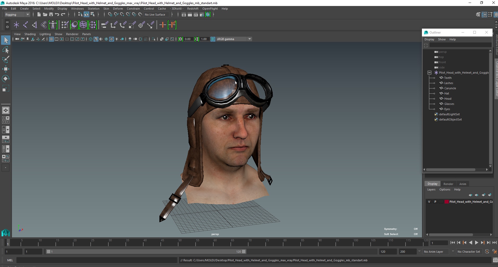 Pilot head with Helmet and Goggles 3D model