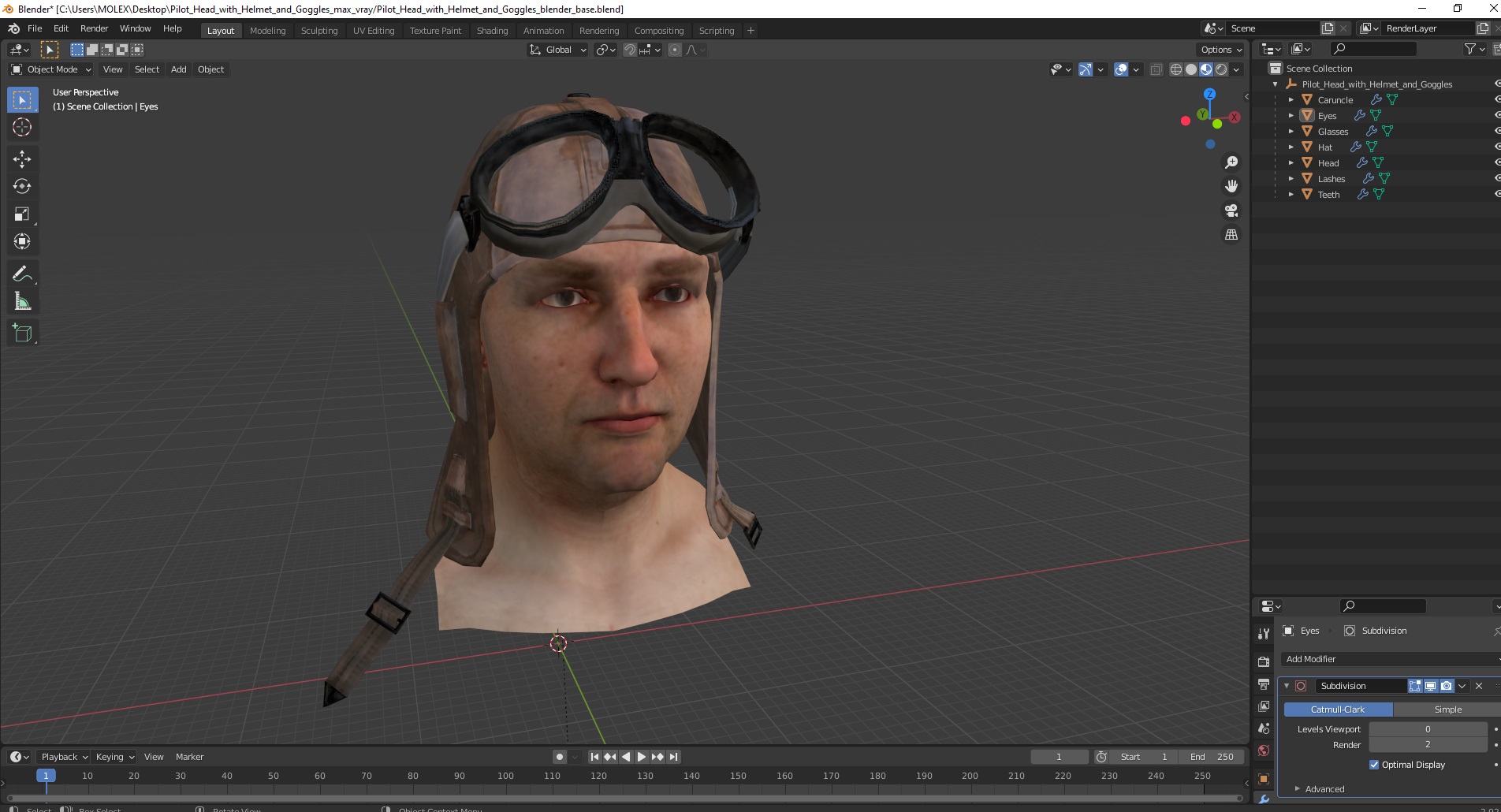 Pilot head with Helmet and Goggles 3D model