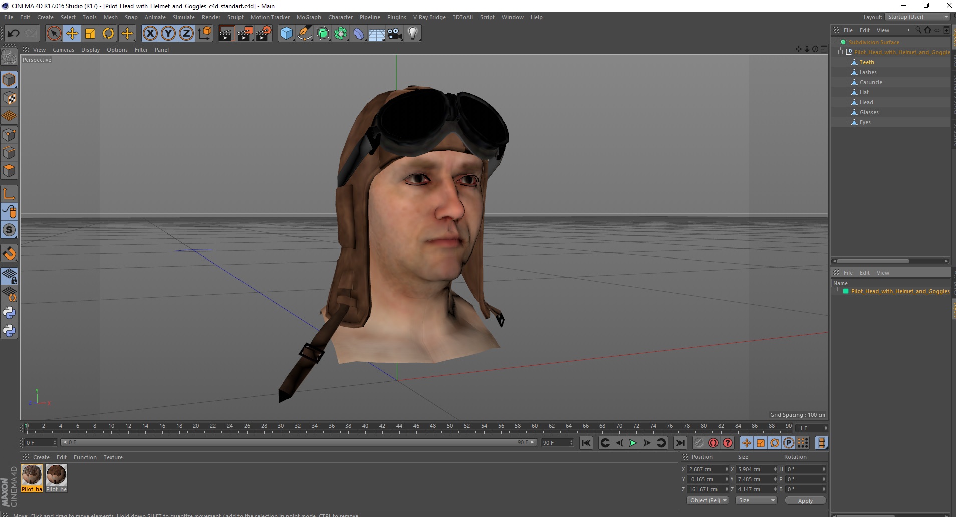 Pilot head with Helmet and Goggles 3D model