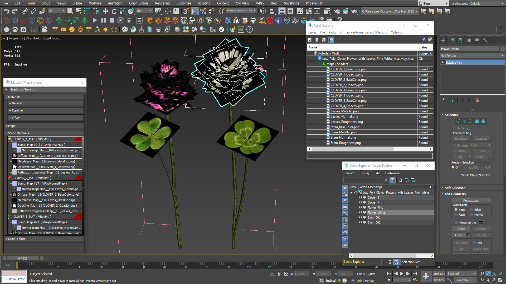 Low Poly Clover Flowers with Leaves Pink White, view 11